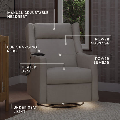 Babyletto Kiwi Deluxe Power Recliner and Swivel Glider with Heat and Massage - Performance Cream Eco-Weave - M11283PCMEW