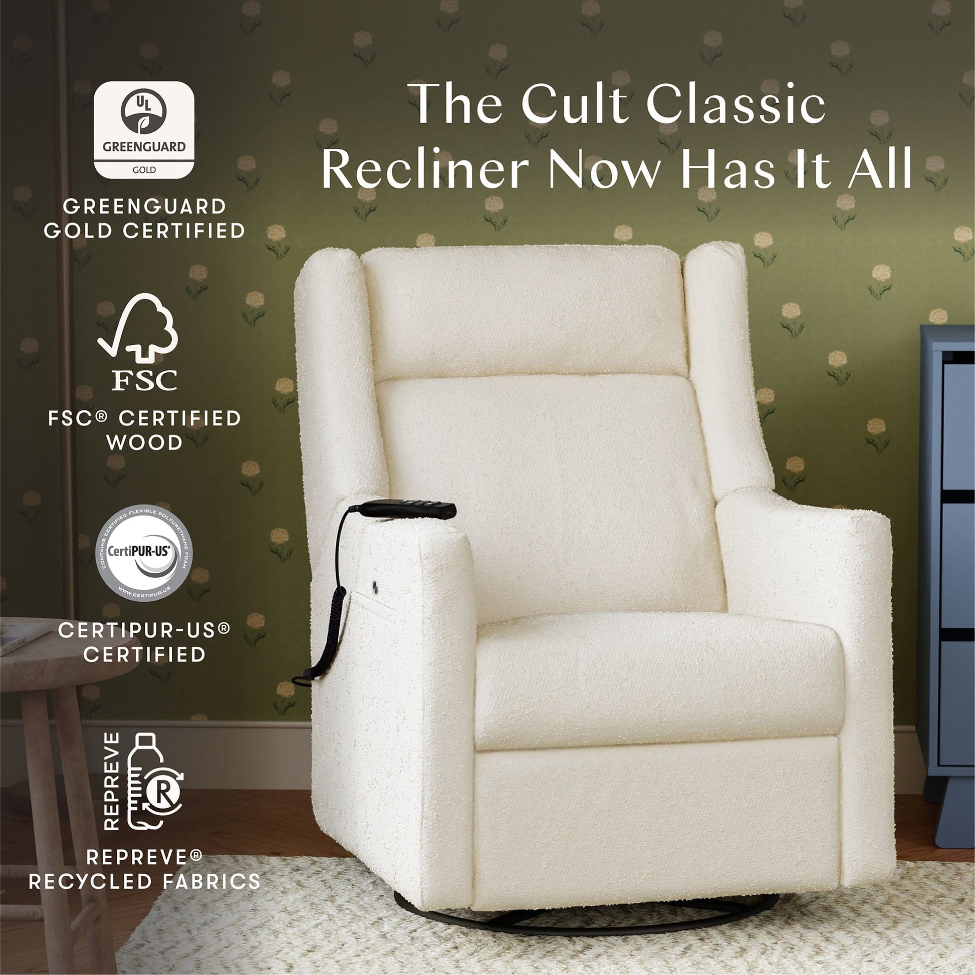 Babyletto Kiwi Deluxe Power Recliner and Swivel Glider with Heat and Massage - Performance Ivory Boucle - M11283PWB