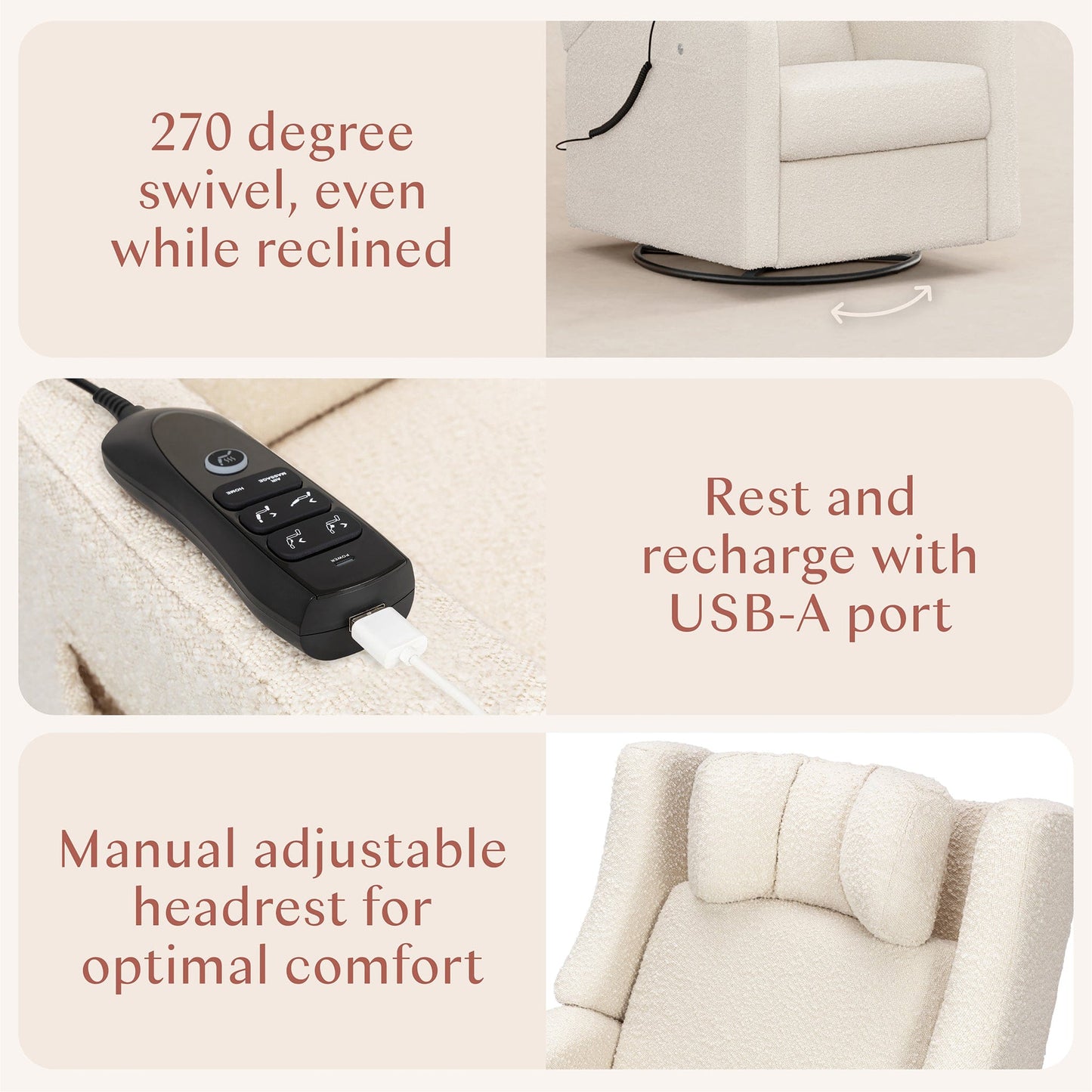 Babyletto Kiwi Deluxe Power Recliner and Swivel Glider with Heat and Massage - Performance Ivory Boucle - M11283PWB