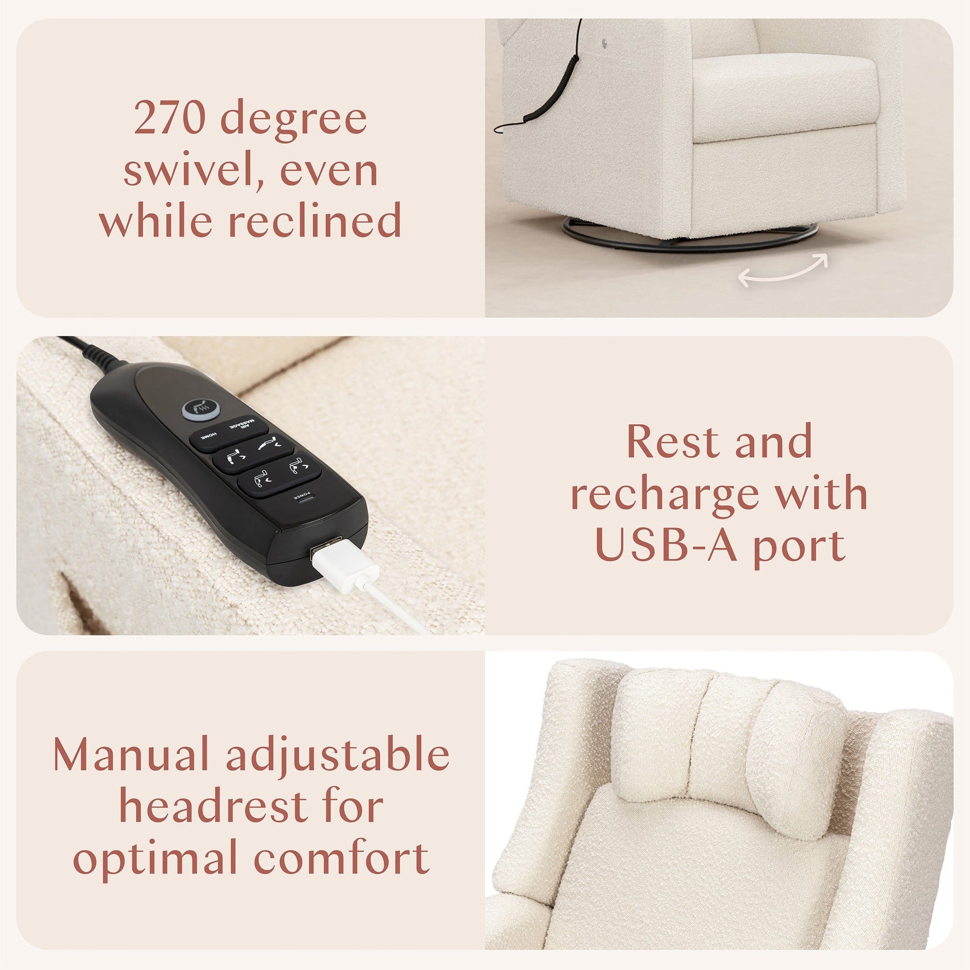 Babyletto Kiwi Deluxe Power Recliner and Swivel Glider with Heat and Massage - Performance Ivory Boucle - M11283PWB