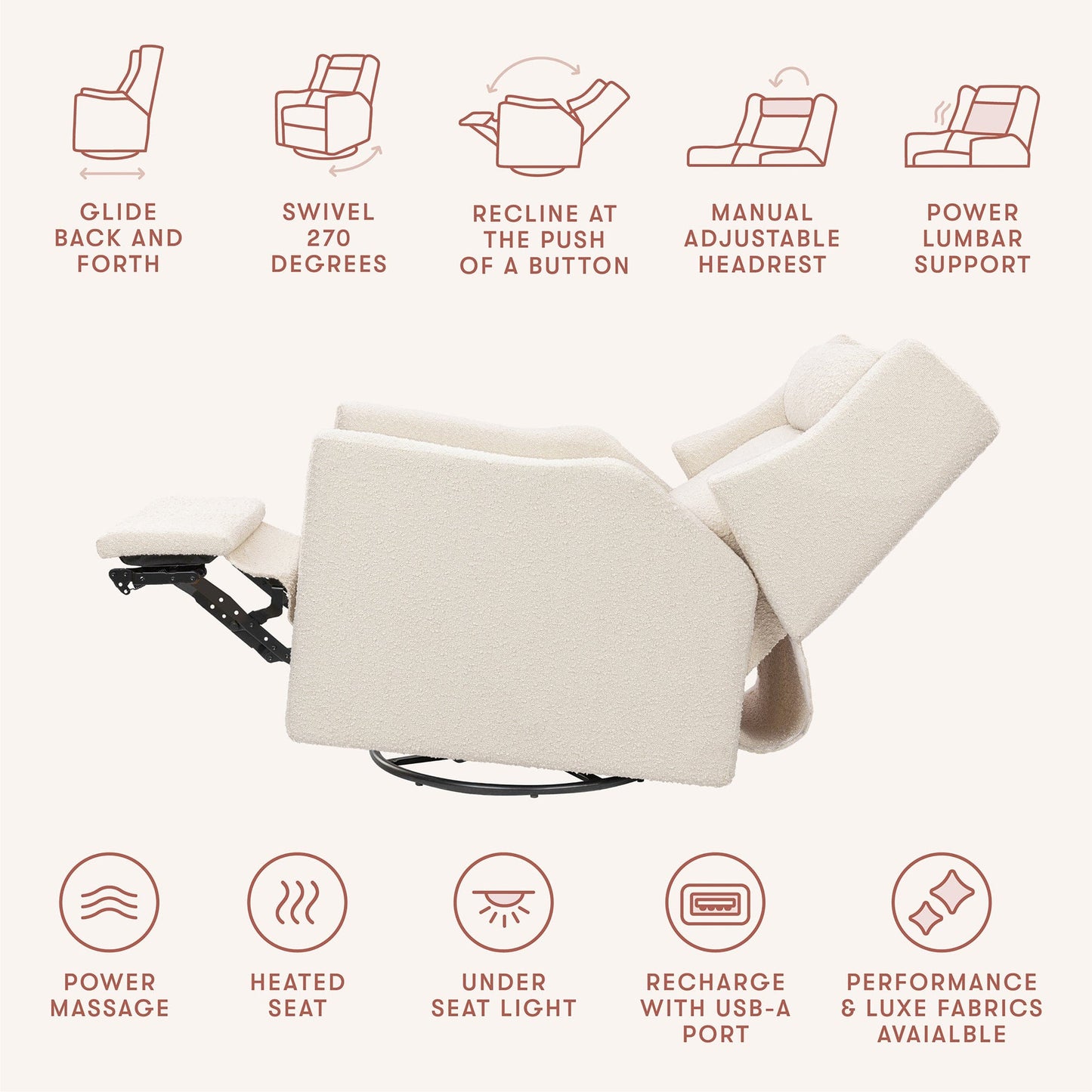 Babyletto Kiwi Deluxe Power Recliner and Swivel Glider with Heat and Massage - Performance Ivory Boucle - M11283PWB