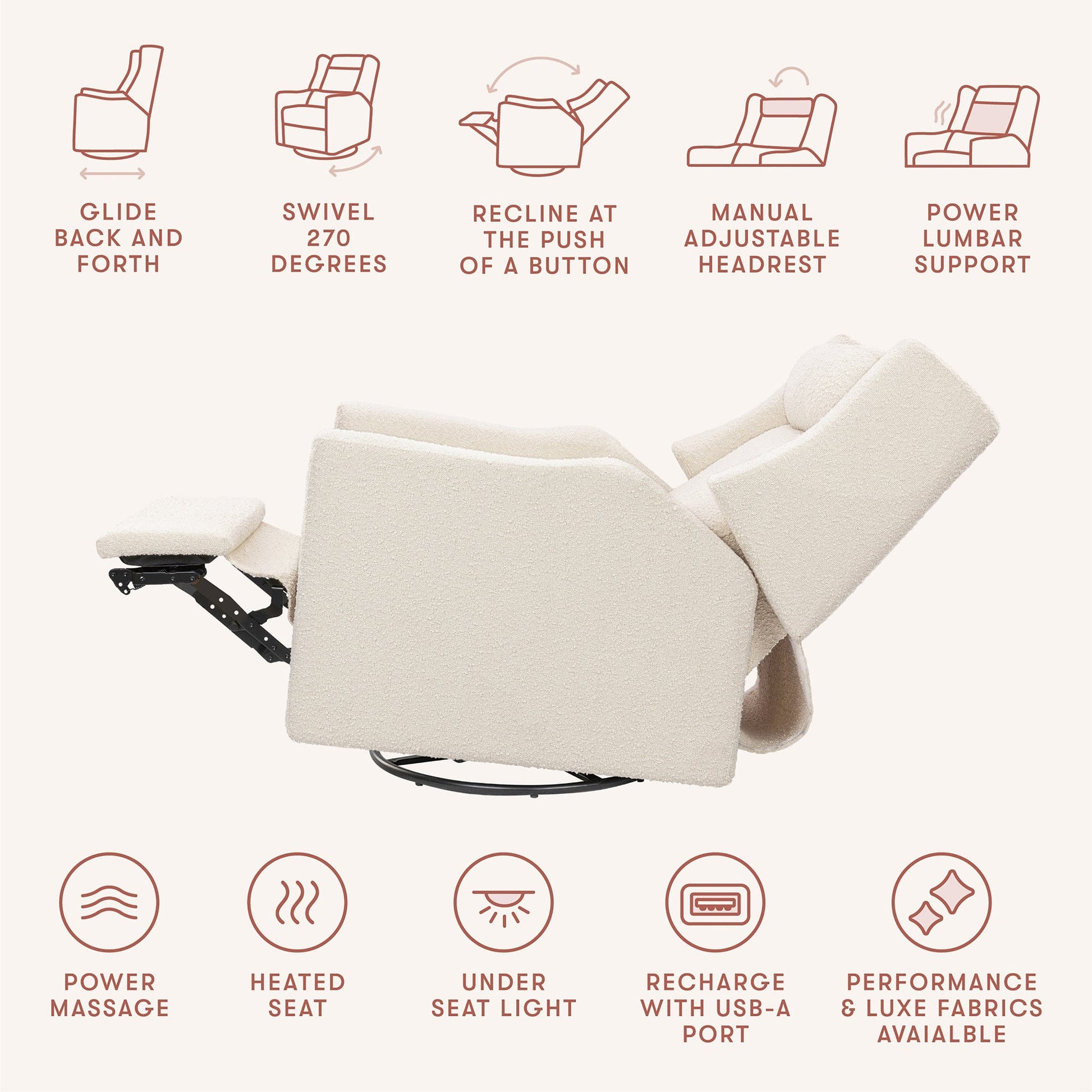 Babyletto Kiwi Deluxe Power Recliner and Swivel Glider with Heat and Massage - Performance Ivory Boucle - M11283PWB