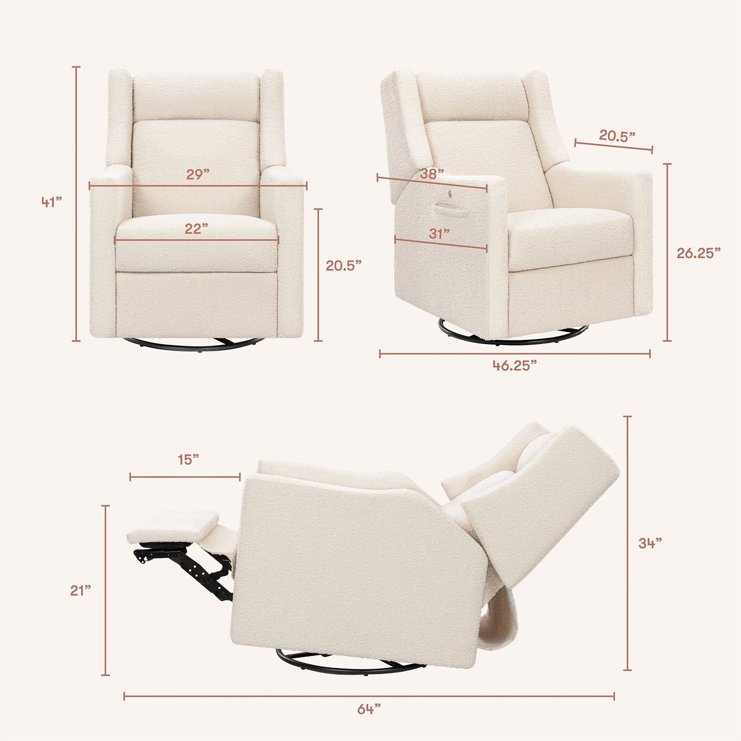 Babyletto Kiwi Deluxe Power Recliner and Swivel Glider with Heat and Massage - Performance Ivory Boucle - M11283PWB