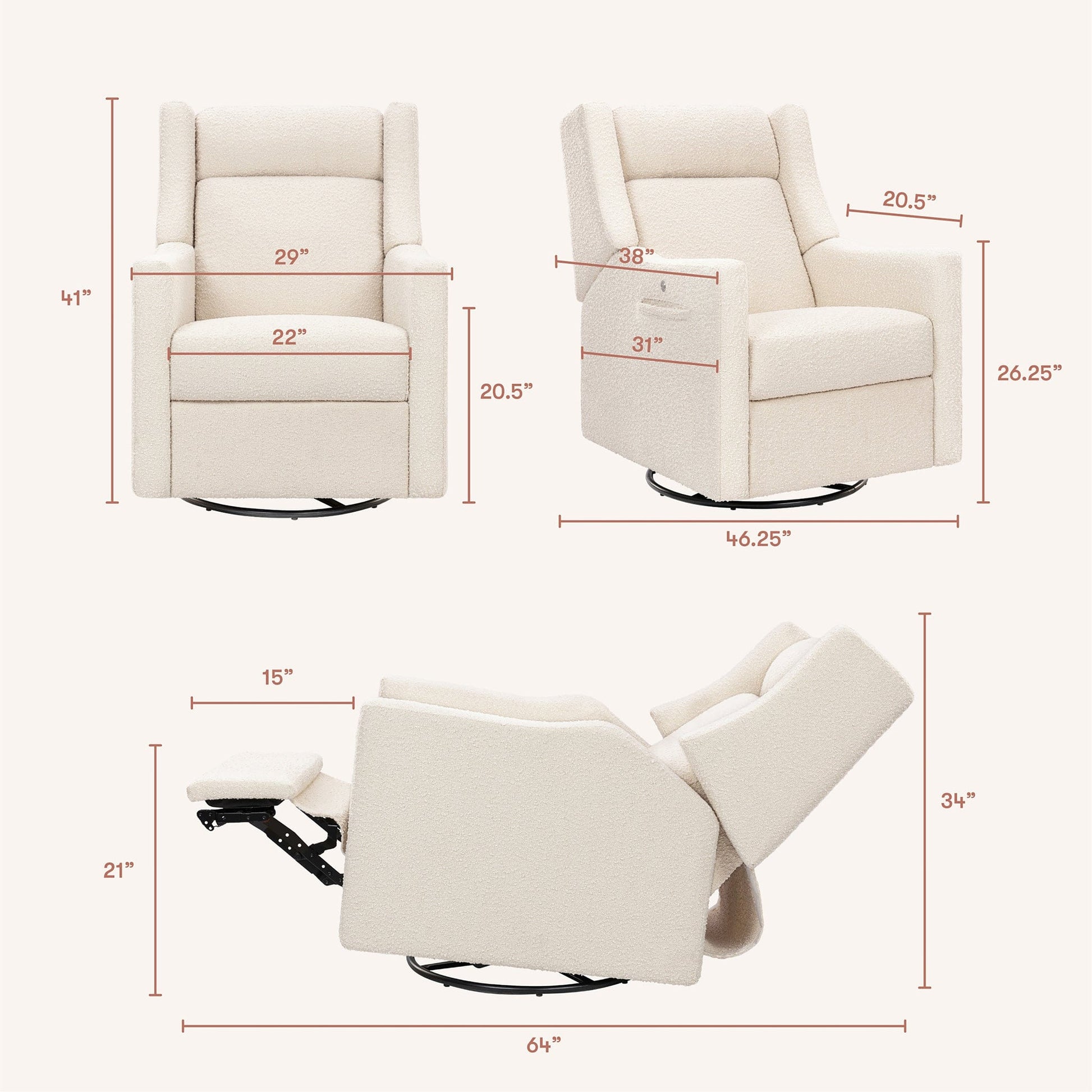 Babyletto Kiwi Deluxe Power Recliner and Swivel Glider with Heat and Massage - Performance Ivory Boucle - M11283PWB