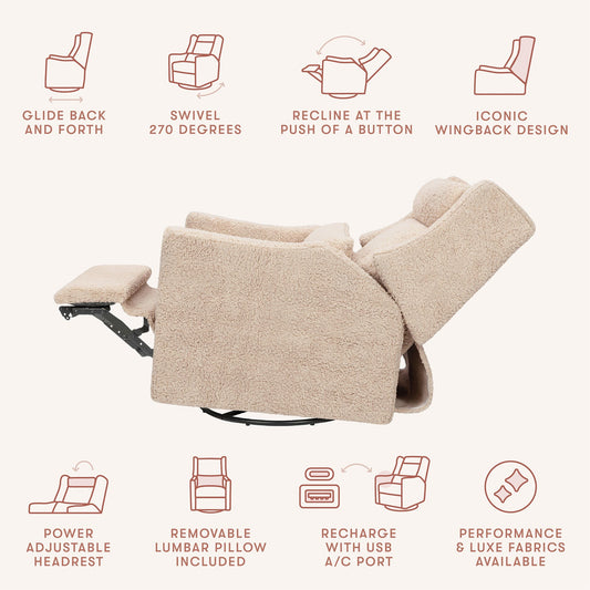Babyletto Kiwi Plus Electric Recliner Swivel Glider w/ Adjustable Headrest + USB Port - Chai Shearling - M11286CSG