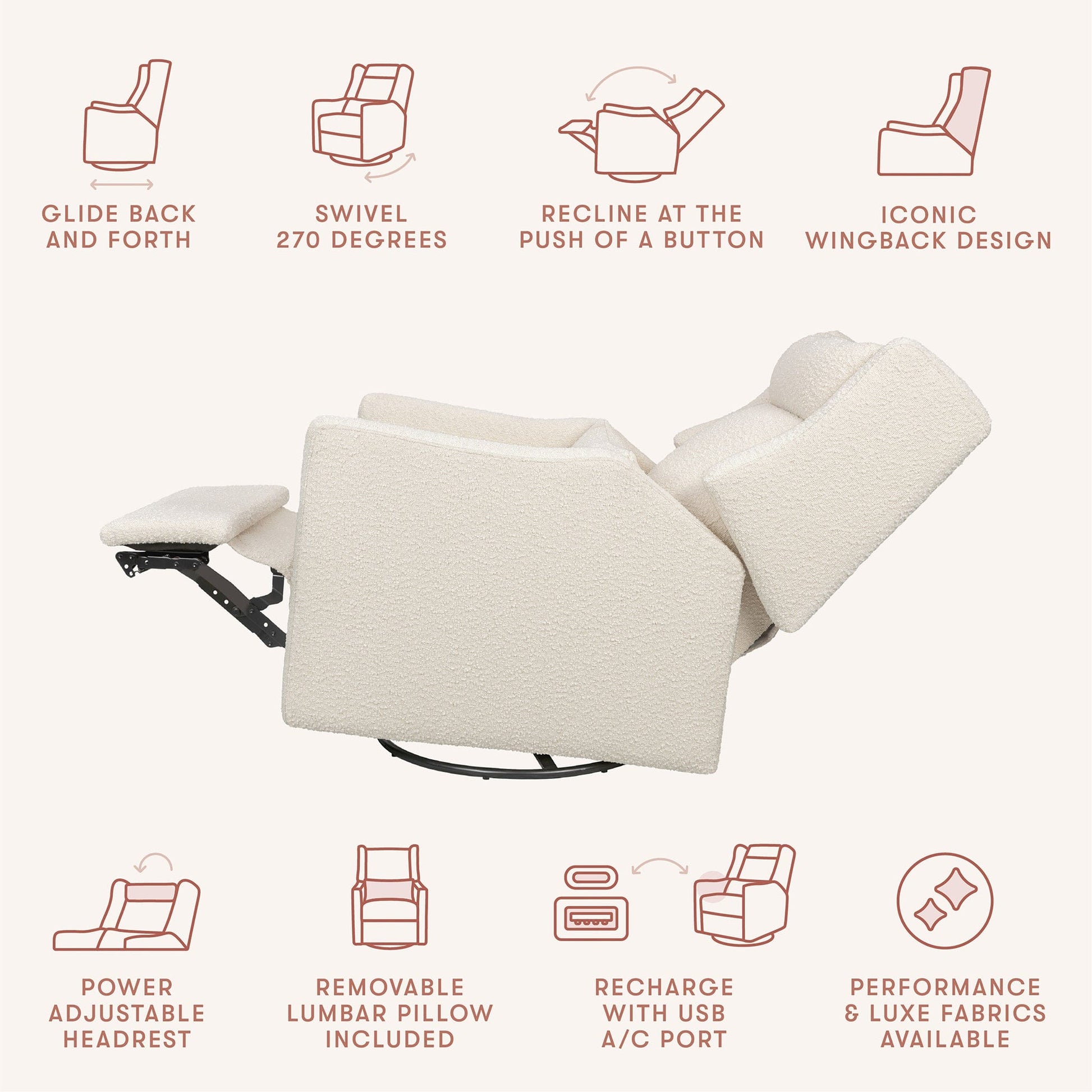 Babyletto Kiwi Plus Electric Recliner Swivel Glider w/ Adjustable Headrest + USB Port - Performance Ivory Boucle - M11286PWB