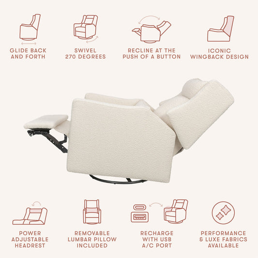 Babyletto Kiwi Plus Electric Recliner Swivel Glider w/ Adjustable Headrest + USB Port - Performance Ivory Boucle - M11286PWB