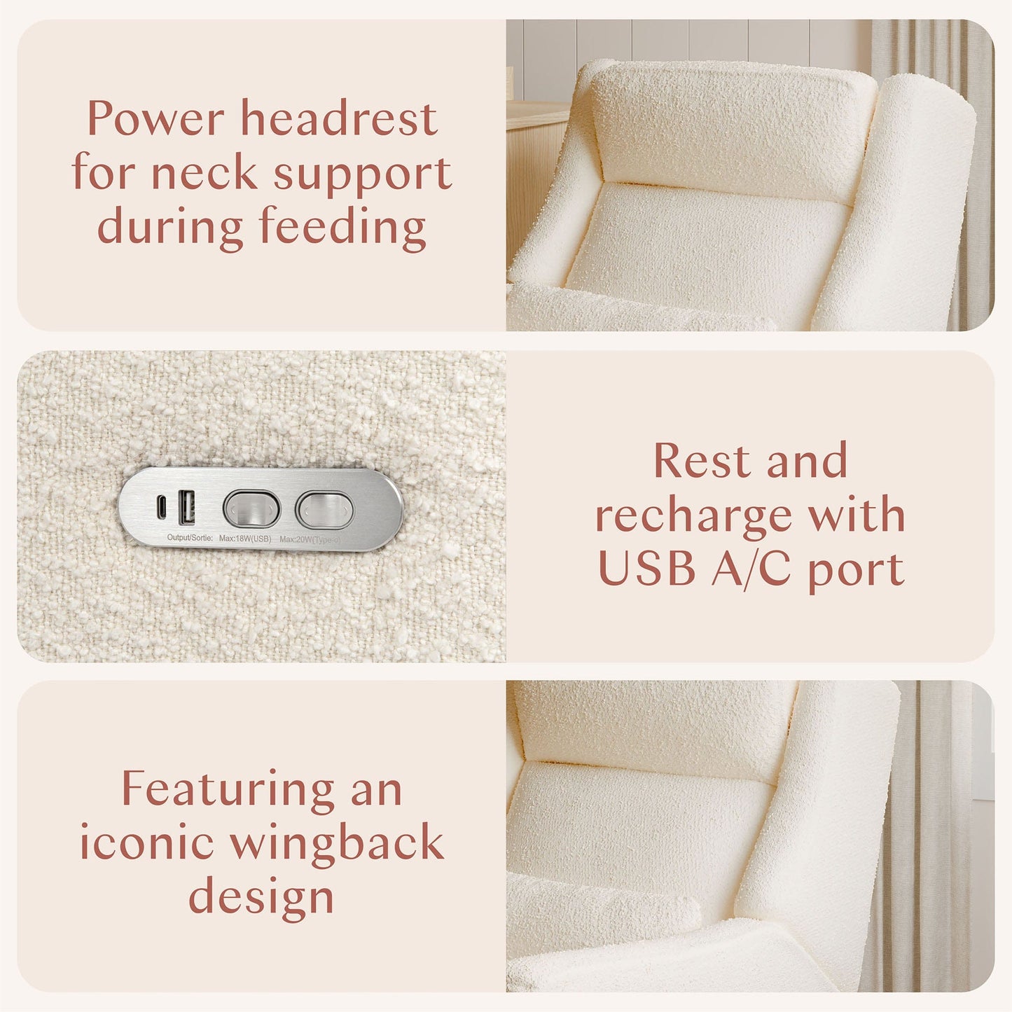 Babyletto Kiwi Plus Electric Recliner Swivel Glider w/ Adjustable Headrest + USB Port - Performance Ivory Boucle - M11286PWB