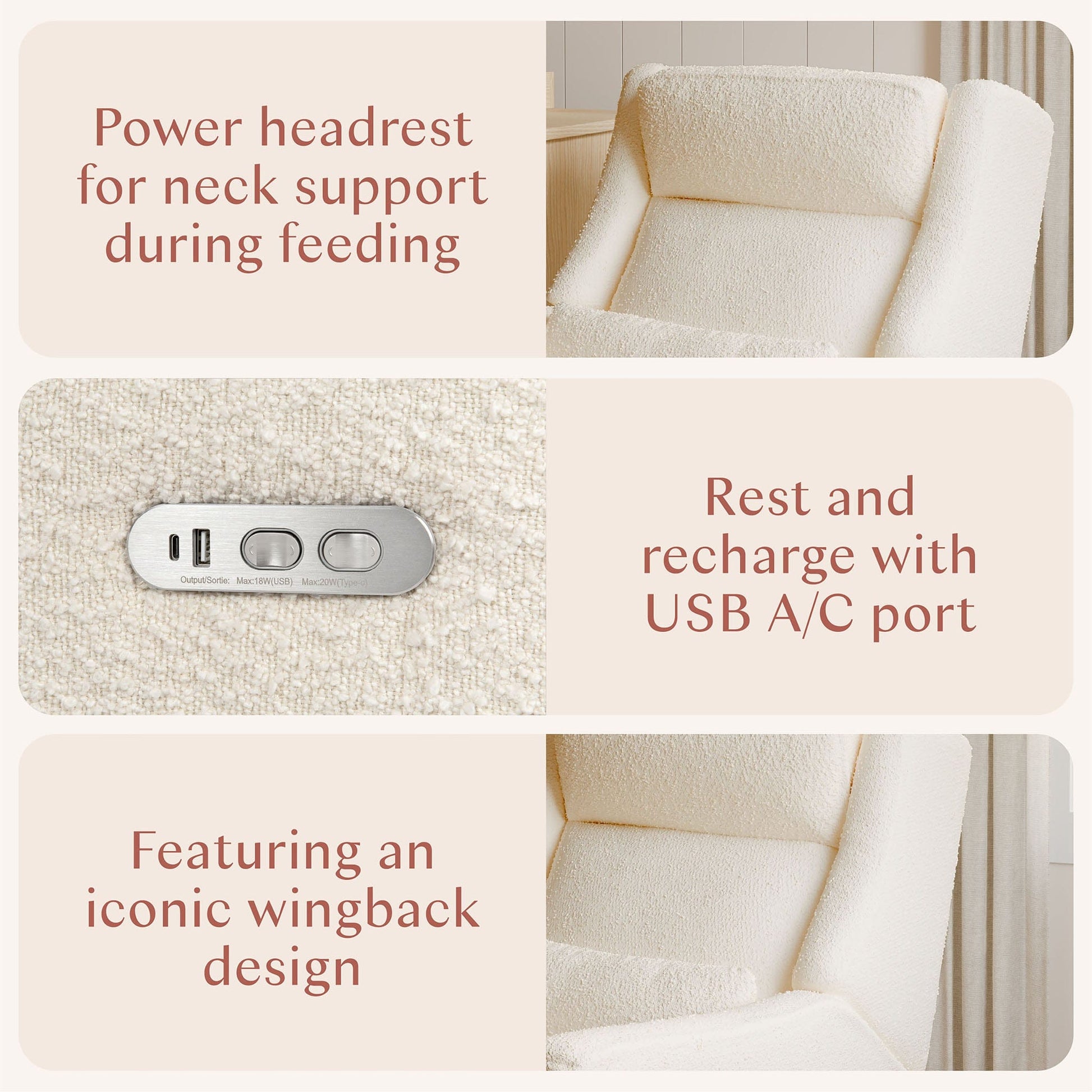 Babyletto Kiwi Plus Electric Recliner Swivel Glider w/ Adjustable Headrest + USB Port - Performance Ivory Boucle - M11286PWB