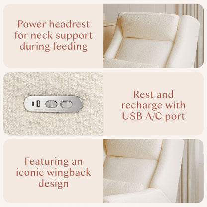 Babyletto Kiwi Plus Electric Recliner Swivel Glider w/ Adjustable Headrest + USB Port - Performance Ivory Boucle - M11286PWB