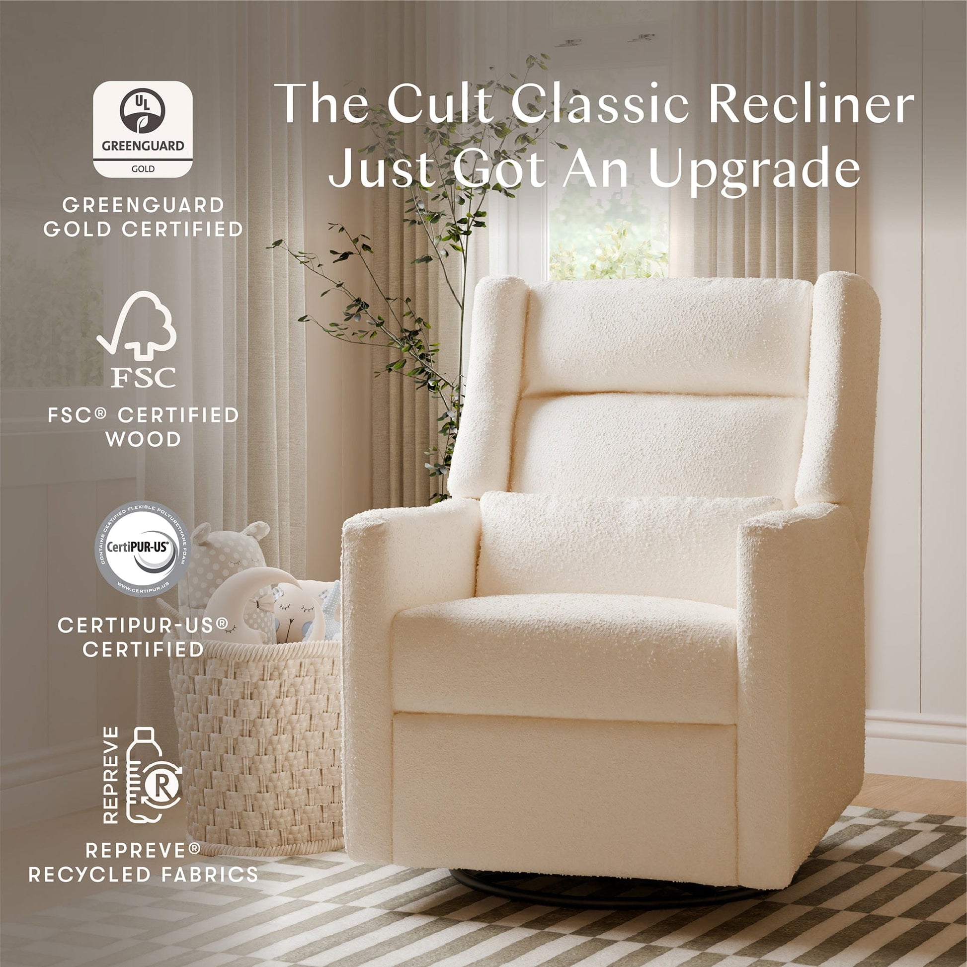 Babyletto Kiwi Plus Electric Recliner Swivel Glider w/ Adjustable Headrest + USB Port - Performance Ivory Boucle - M11286PWB