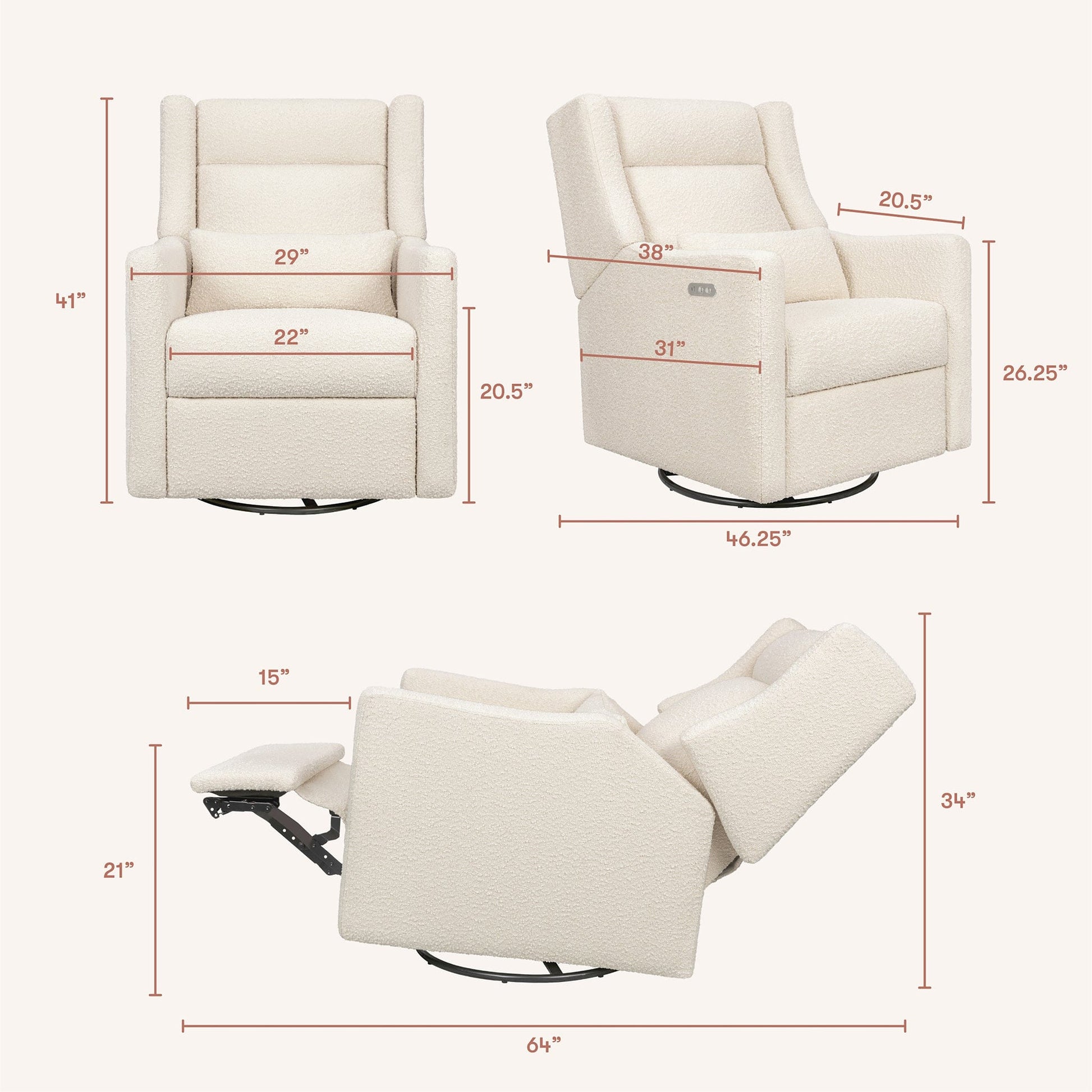 Babyletto Kiwi Plus Electric Recliner Swivel Glider w/ Adjustable Headrest + USB Port - Performance Ivory Boucle - M11286PWB