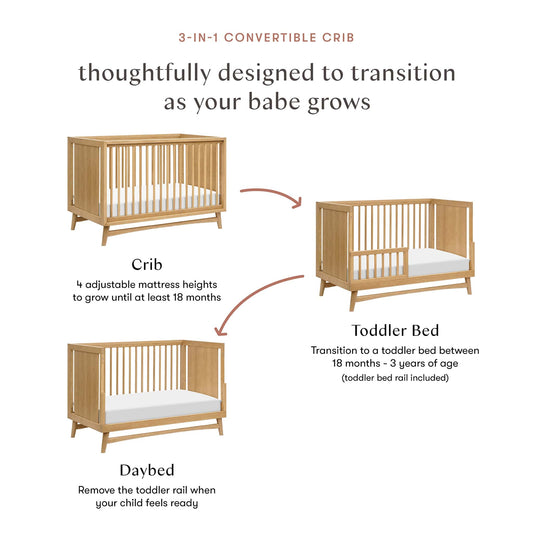 Babyletto Peggy Mid-Century 3-in-1 Convertible Crib w/Toddler Bed Conversion Kit - Honey - M15401HY