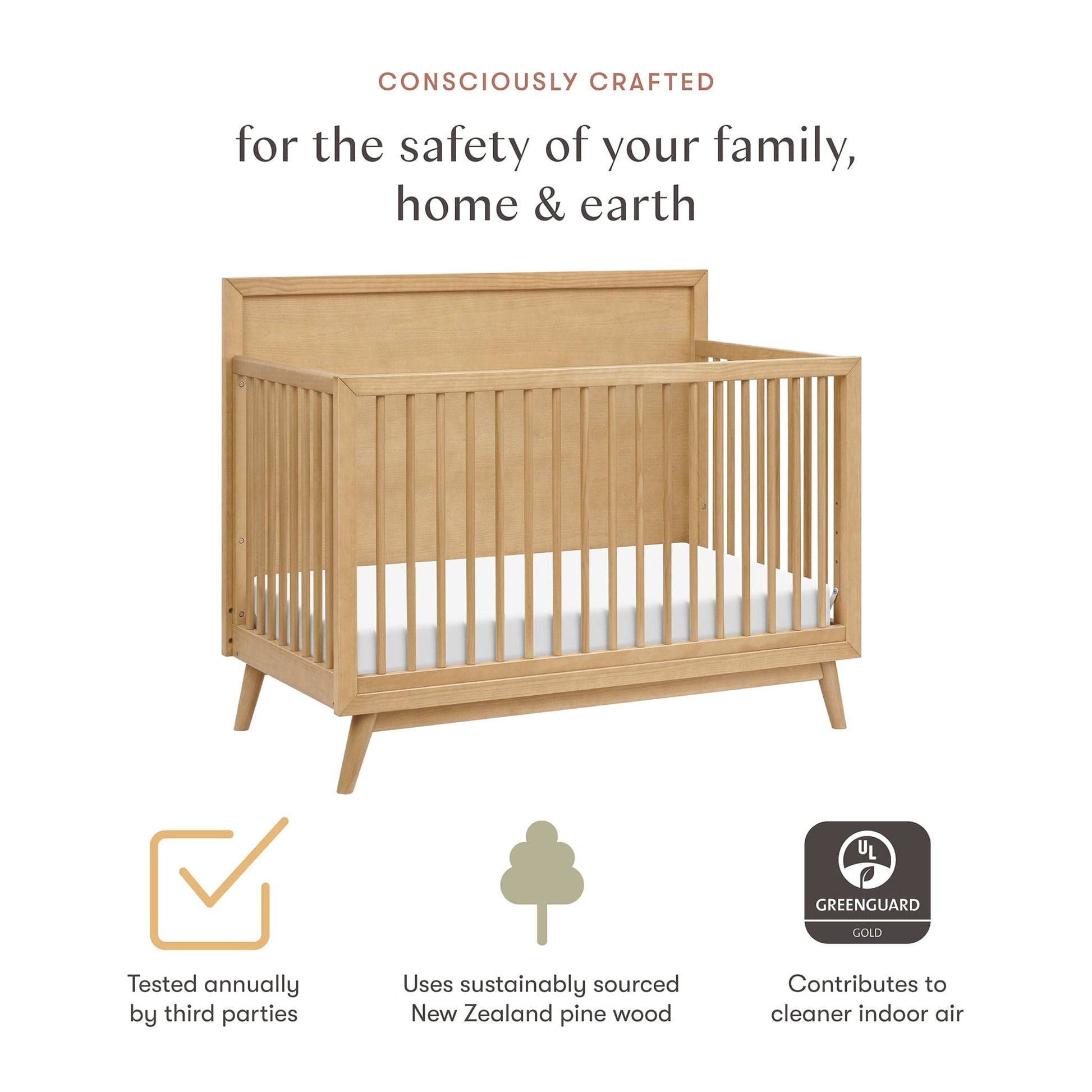 Babyletto Palma Mid-Century 4-in-1 Convertible Crib w/ Toddler Bed Conversion - Honey - M15901HY