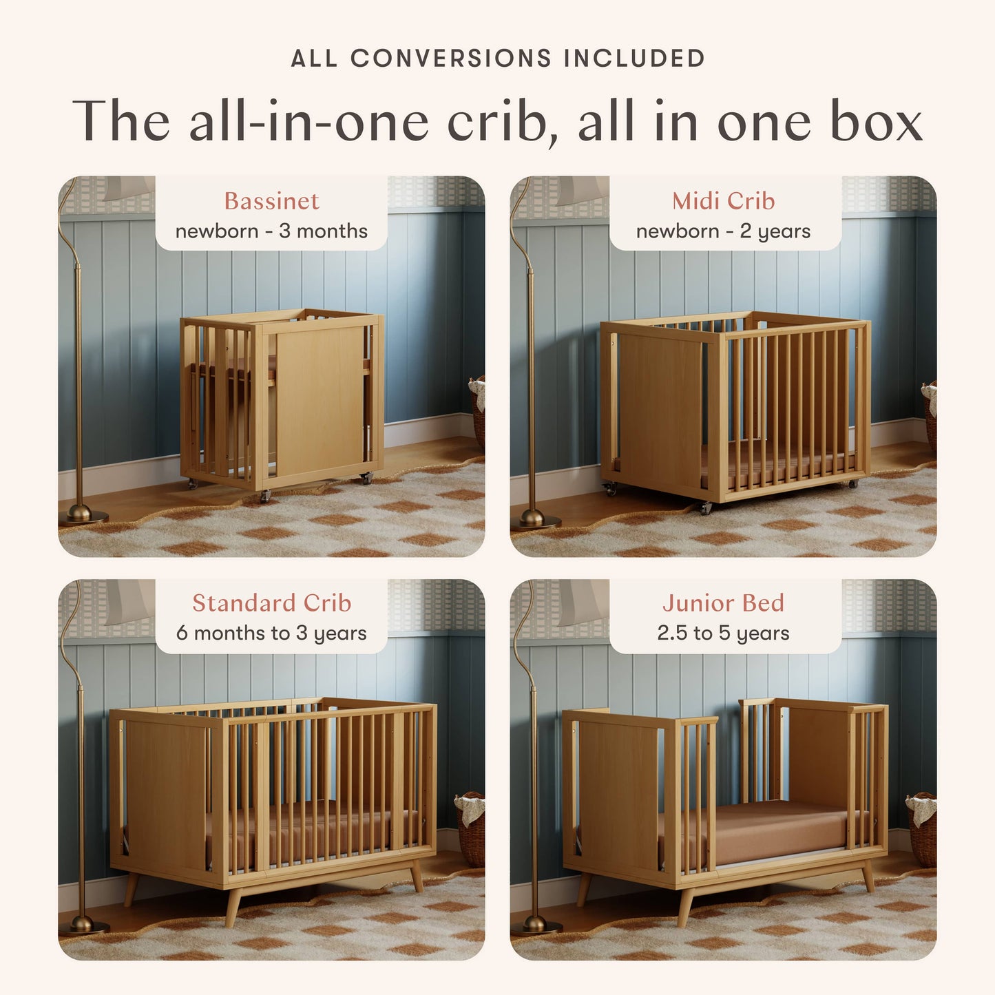 Babyletto Palma 8-in-1 Convertible All-Stages® Crib with Bassinet & Toddler Bed Kits - Honey