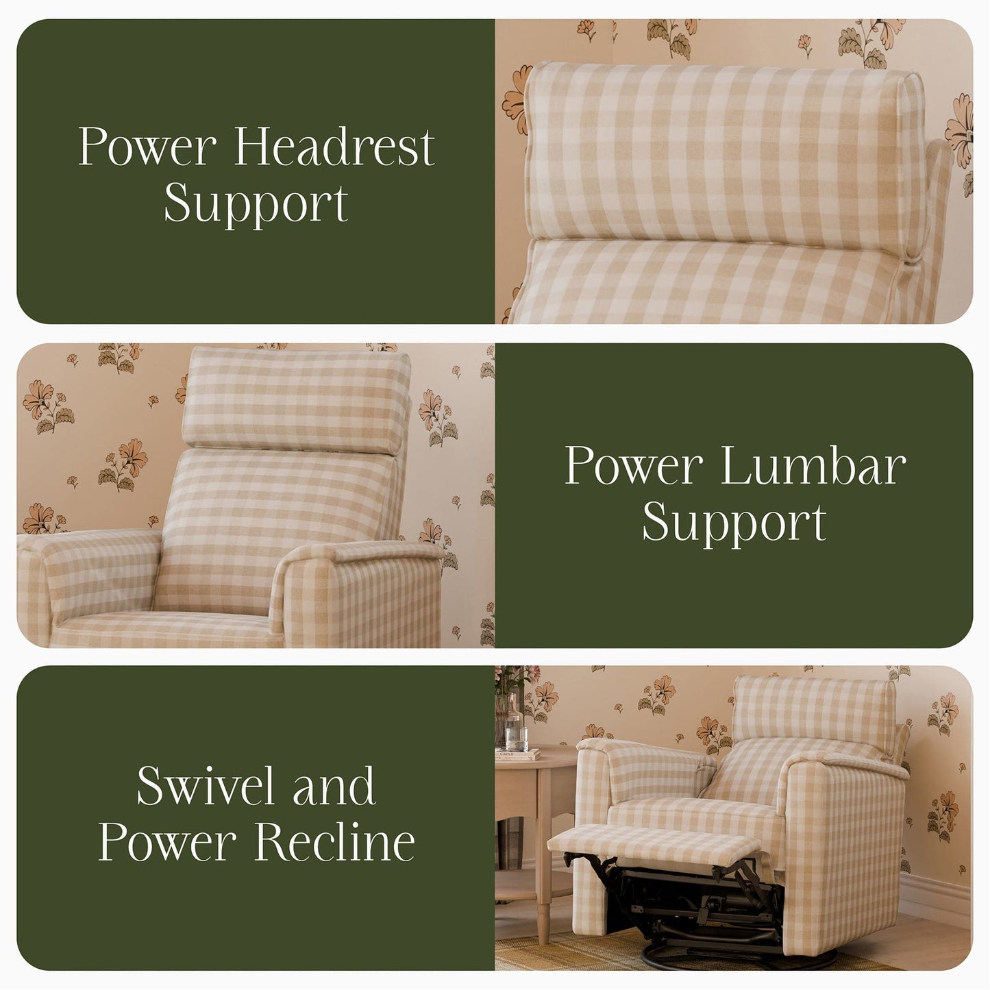 Namesake Willa Pro Power Recliner and Swivel Glider with Power Headrest, Lumbar & Light - Tan Gingham - M17182TGH