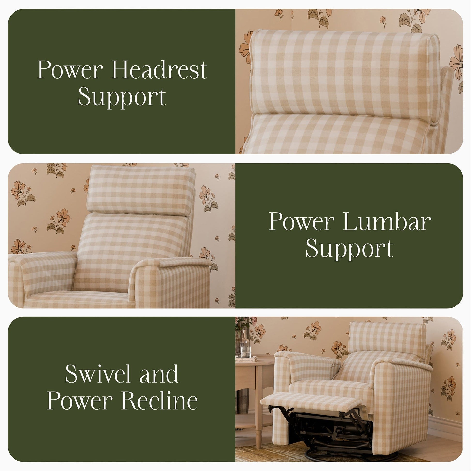 Namesake Willa Pro Power Recliner and Swivel Glider with Power Headrest, Lumbar & Light - Tan Gingham - M17182TGH