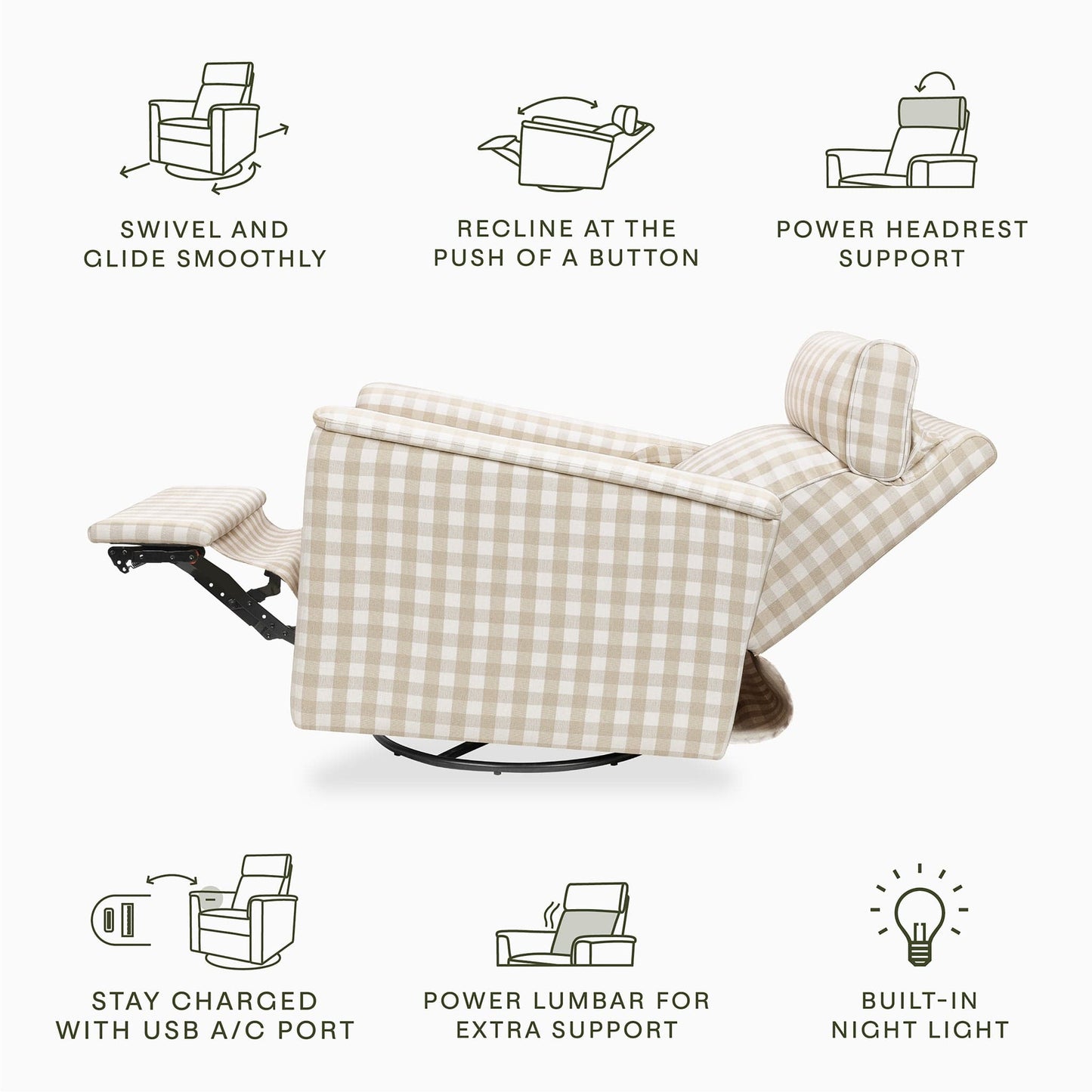 Namesake Willa Pro Power Recliner and Swivel Glider with Power Headrest, Lumbar & Light - Tan Gingham - M17182TGH