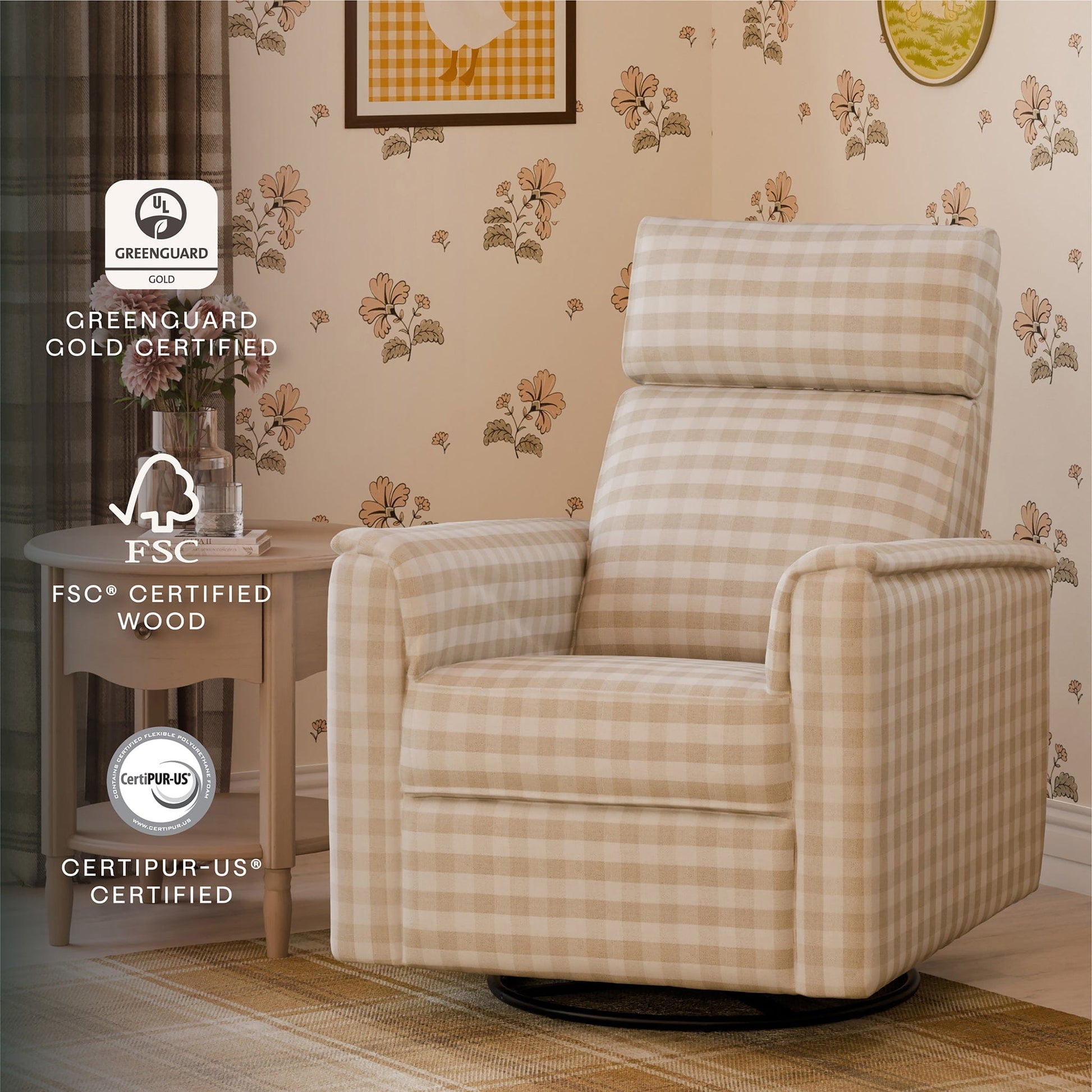 Namesake Willa Pro Power Recliner and Swivel Glider with Power Headrest, Lumbar & Light - Tan Gingham - M17182TGH