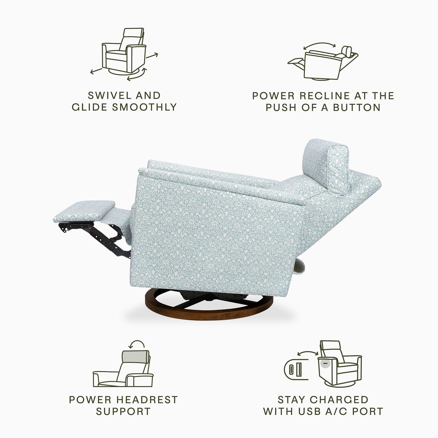 Morris & Co. x Namesake Willa Plus Power Glider Recliner w/ Power Headrest - Bellflowers in Powdered Blue - M17186BPBDB