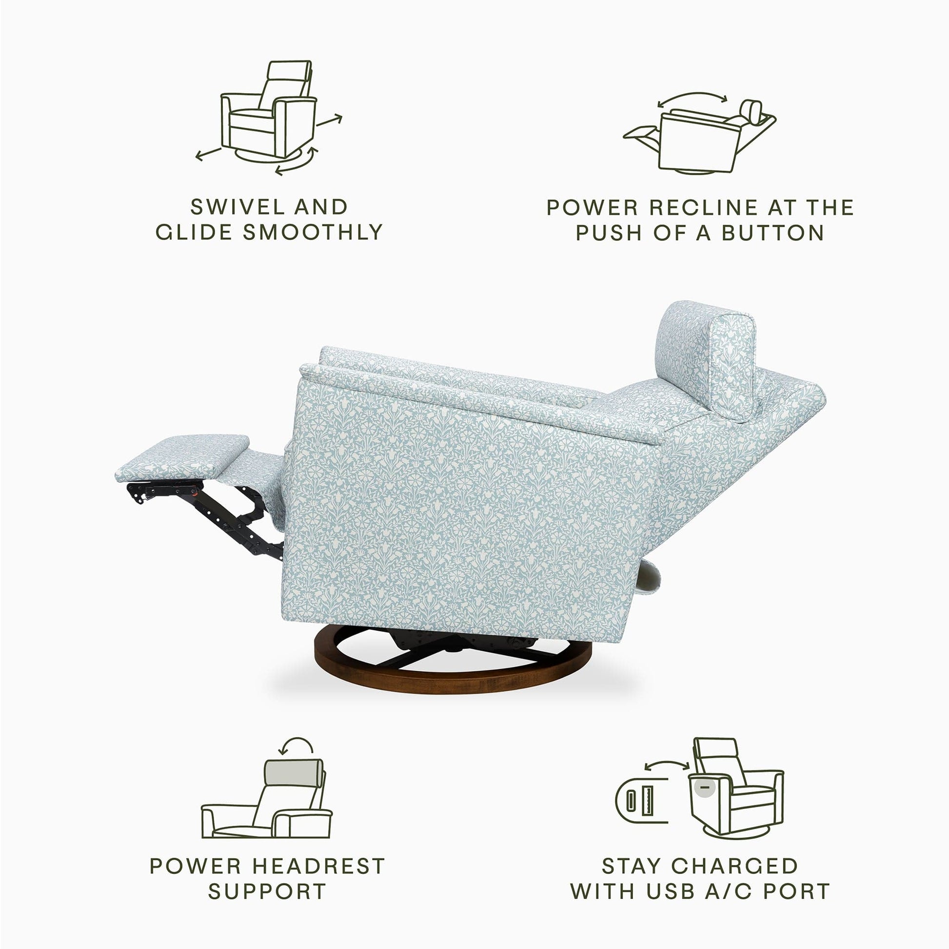 Morris & Co. x Namesake Willa Plus Power Glider Recliner w/ Power Headrest - Bellflowers in Powdered Blue - M17186BPBDB