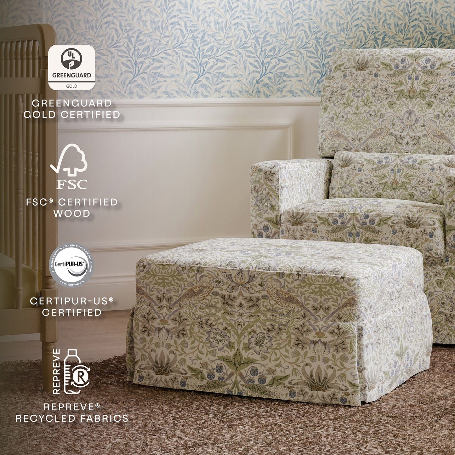 Morris & Co. x Namesake Crawford Gliding Ottoman - Strawberry Thief in Fig & Thyme - M21785TTFT