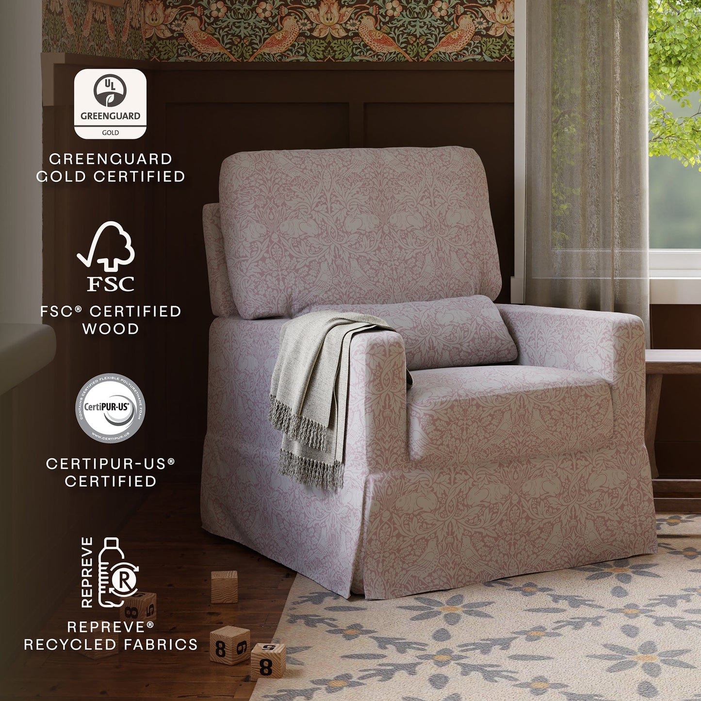 Morris & Co. x Namesake Crawford Pillowback Comfort Swivel Glider - Pure Brer Rabbit in Rose - M21787PBRR