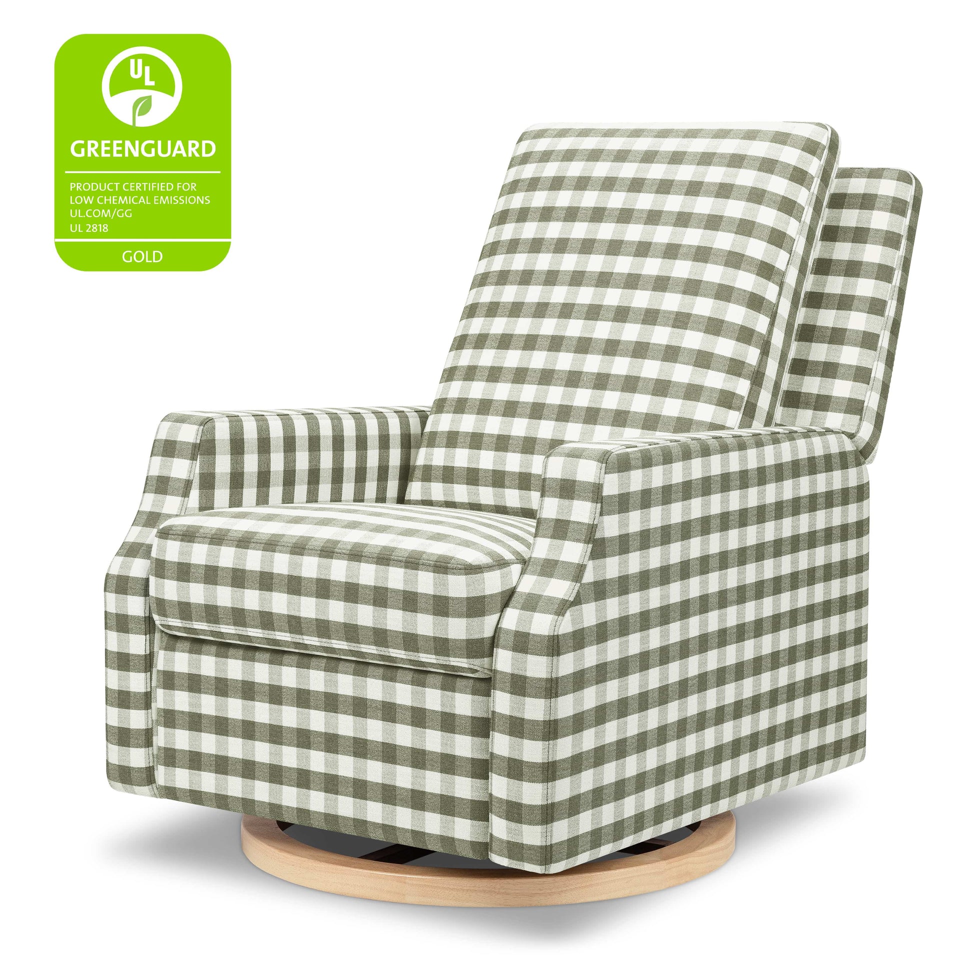 Namesake Crewe Recliner and Swivel Glider - Moss Green Gingham with Light Wood Base