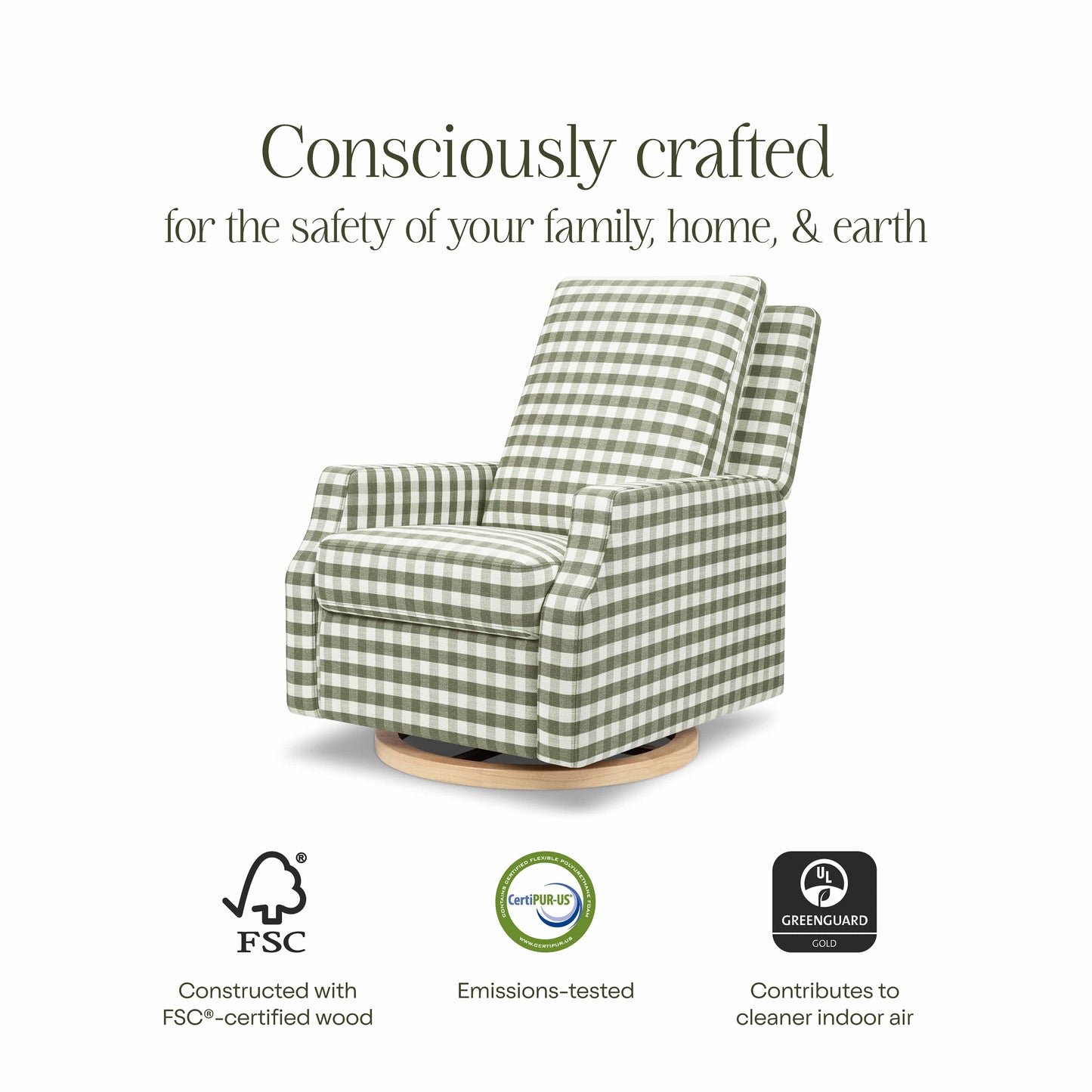 Namesake Crewe Recliner and Swivel Glider - Moss Green Gingham with Light Wood Base