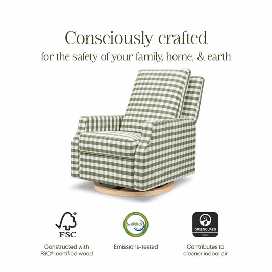 Namesake Crewe Recliner and Swivel Glider - Moss Green Gingham with Light Wood Base