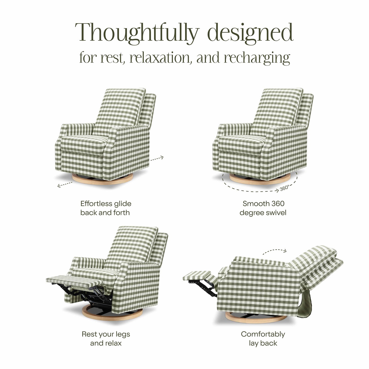 Namesake Crewe Recliner and Swivel Glider - Moss Green Gingham with Light Wood Base