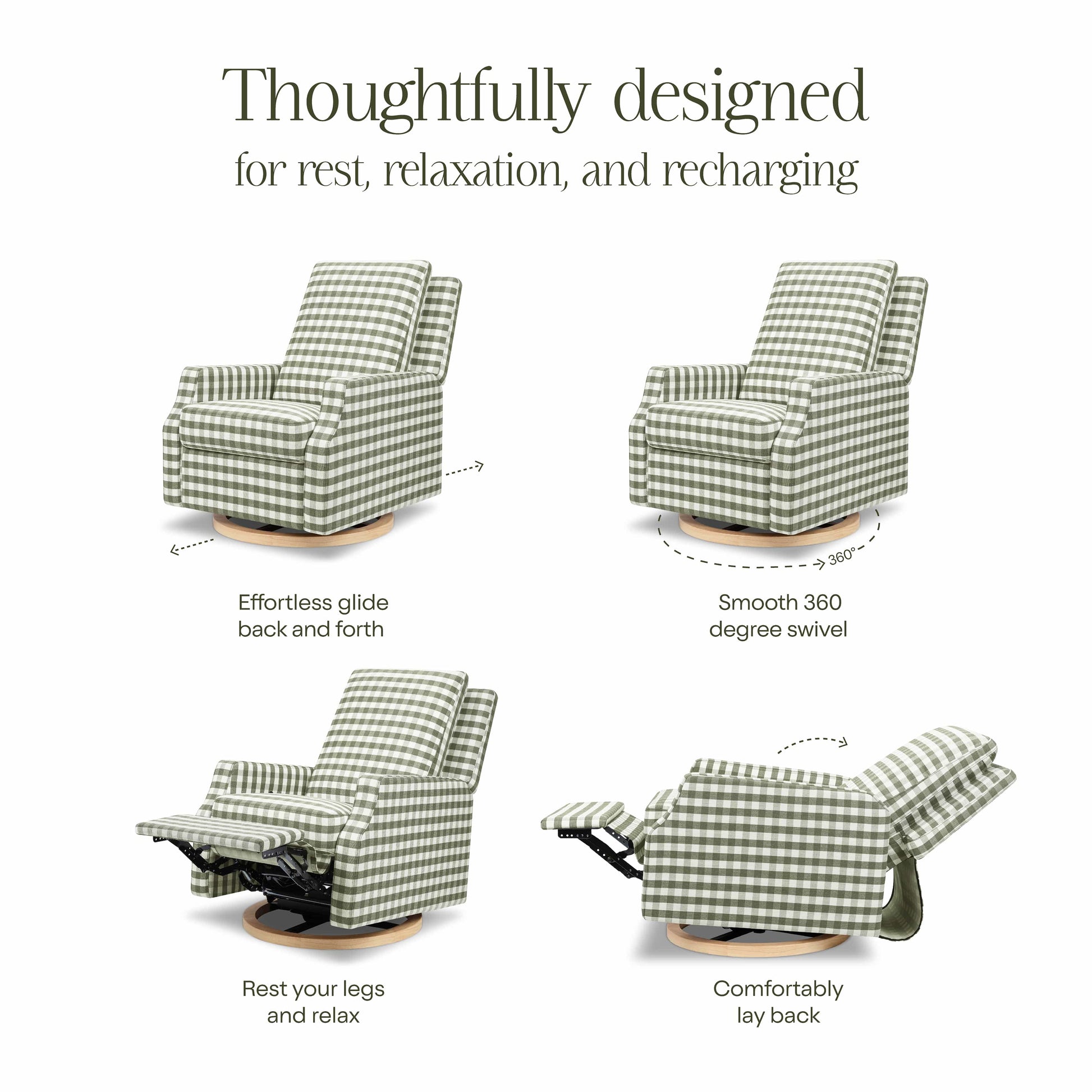Namesake Crewe Recliner and Swivel Glider - Moss Green Gingham with Light Wood Base