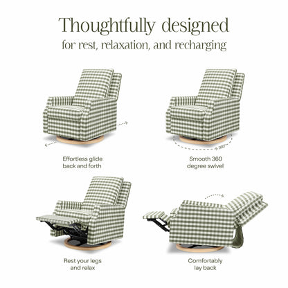 Namesake Crewe Recliner and Swivel Glider - Moss Green Gingham with Light Wood Base