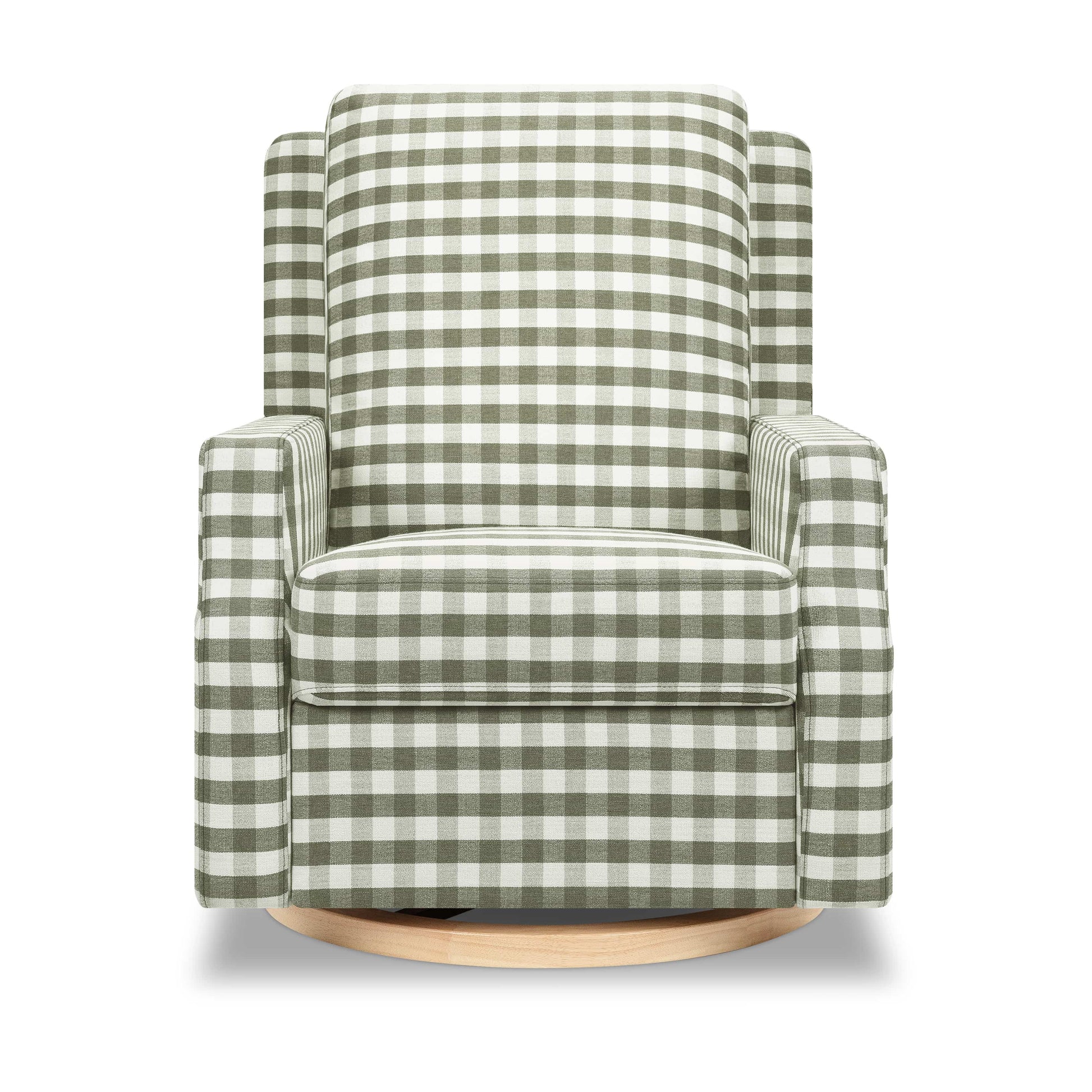 Namesake Crewe Recliner and Swivel Glider - Moss Green Gingham with Light Wood Base