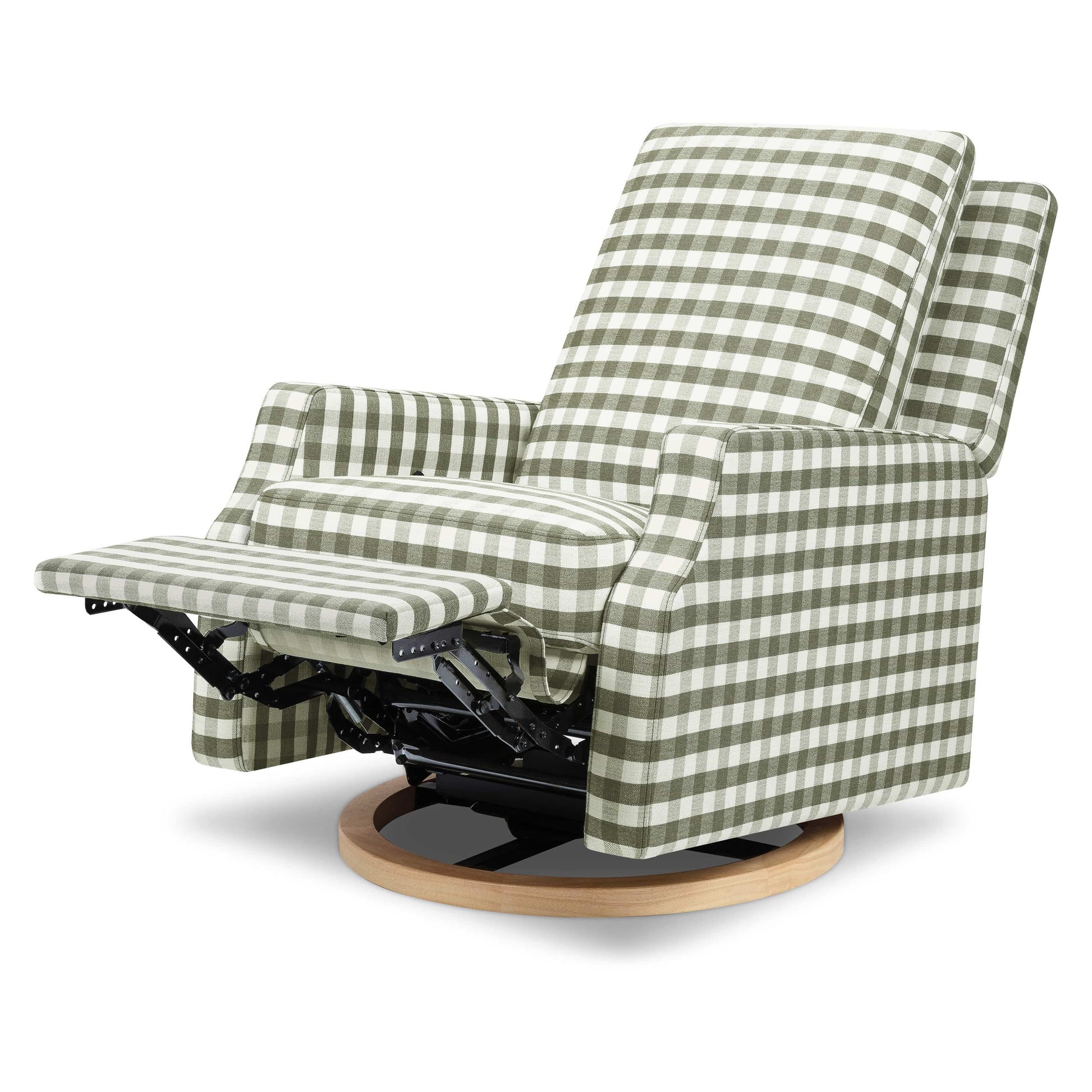 Namesake Crewe Recliner and Swivel Glider - Moss Green Gingham with Light Wood Base