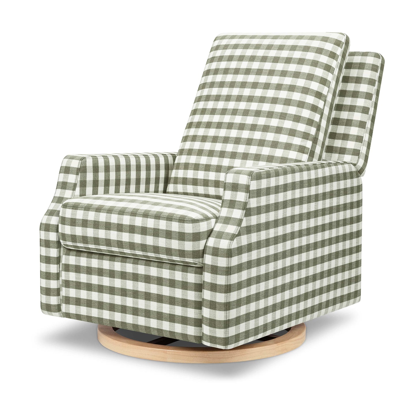 Namesake Crewe Recliner and Swivel Glider - Moss Green Gingham with Light Wood Base