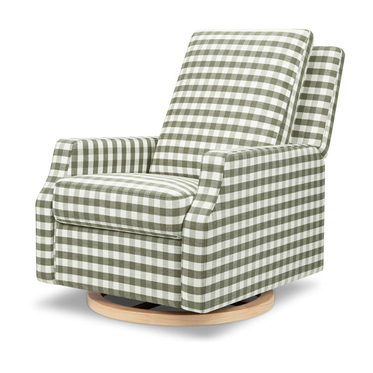 Namesake Crewe Recliner and Swivel Glider - Moss Green Gingham with Light Wood Base