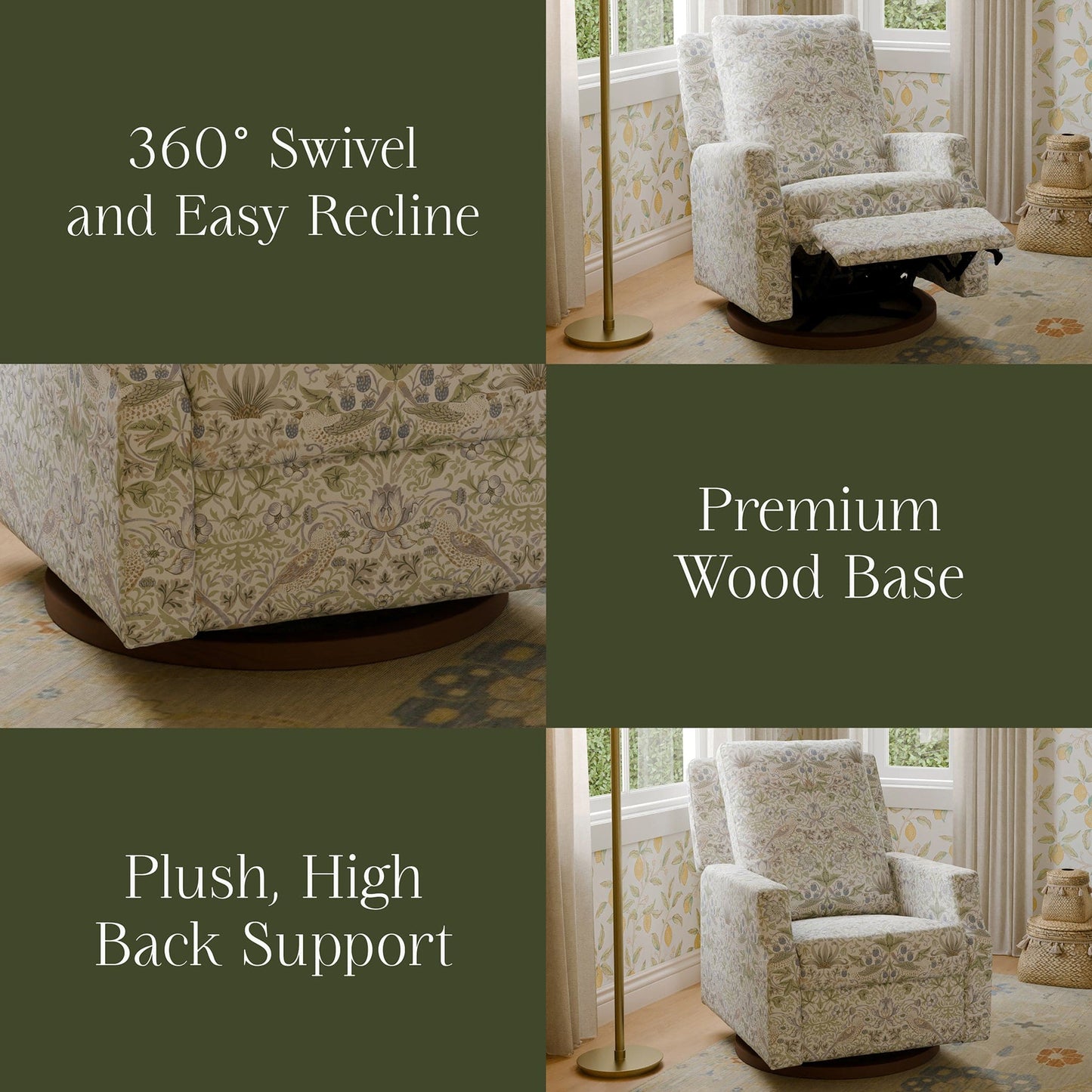 Morris & Co. x Namesake Crewe Swivel Glider Recliner - Strawberry Thief in Fig & Thyme - M22287TTFTDB