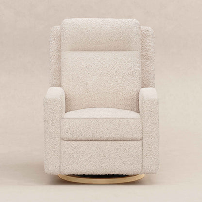 Babyletto Sigi Pro Power Recliner and Swivel Glider with Power Adjustable Headrest and Lumbar Support - Almond Teddy Loop with Light Wood Base