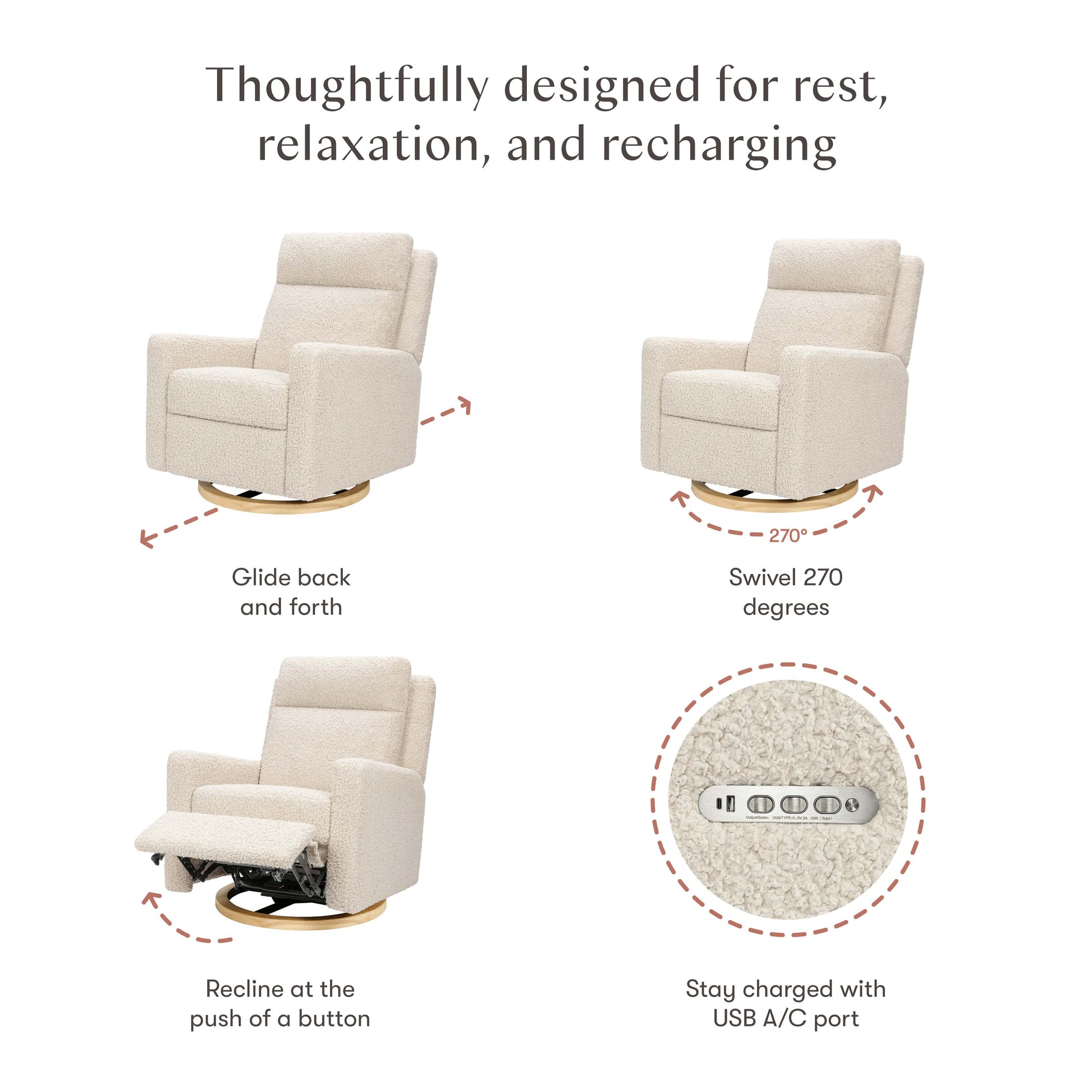 Babyletto Sigi Pro Power Recliner and Swivel Glider with Power Adjustable Headrest and Lumbar Support - Almond Teddy Loop with Light Wood Base