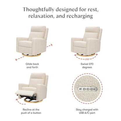 Babyletto Sigi Pro Power Recliner and Swivel Glider with Power Adjustable Headrest and Lumbar Support - Almond Teddy Loop with Light Wood Base