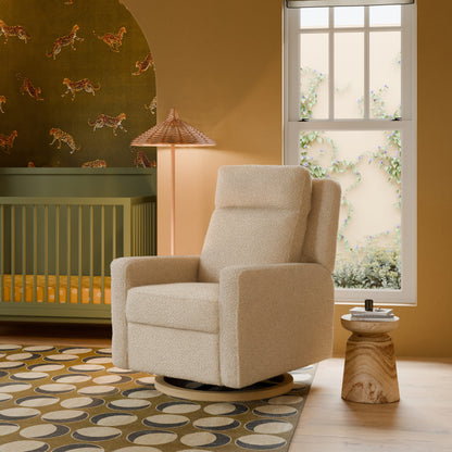 Babyletto Sigi Pro Power Recliner and Swivel Glider with Power Adjustable Headrest and Lumbar Support - Almond Teddy Loop with Light Wood Base