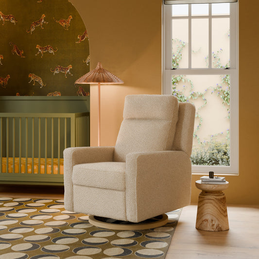 Babyletto Sigi Pro Power Recliner and Swivel Glider with Power Adjustable Headrest and Lumbar Support - Almond Teddy Loop with Light Wood Base