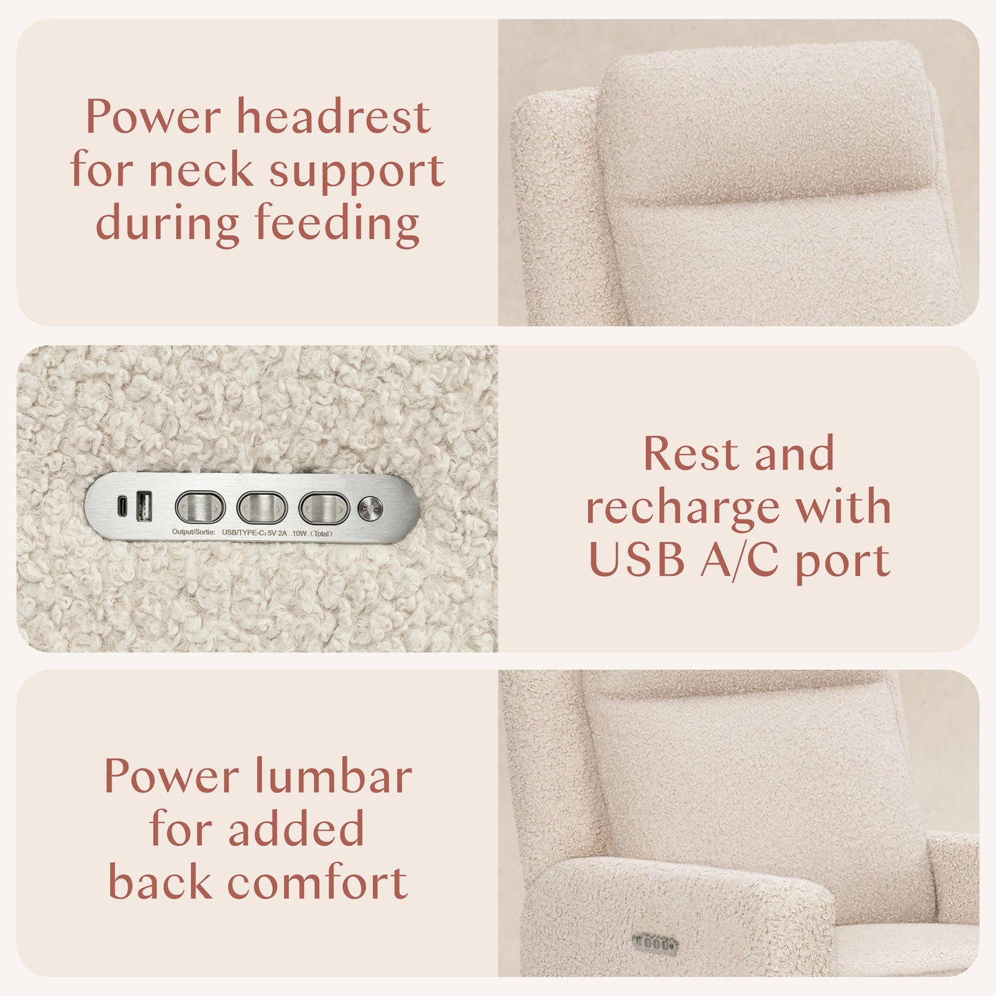 Babyletto Sigi Pro Power Recliner and Swivel Glider with Power Adjustable Headrest and Lumbar Support - Almond Teddy Loop with Light Wood Base