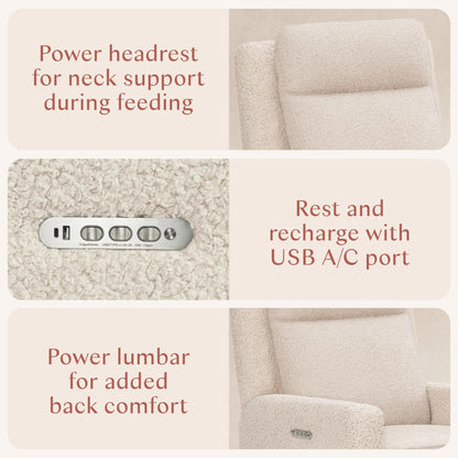 Babyletto Sigi Pro Power Recliner and Swivel Glider with Power Adjustable Headrest and Lumbar Support - Almond Teddy Loop with Light Wood Base
