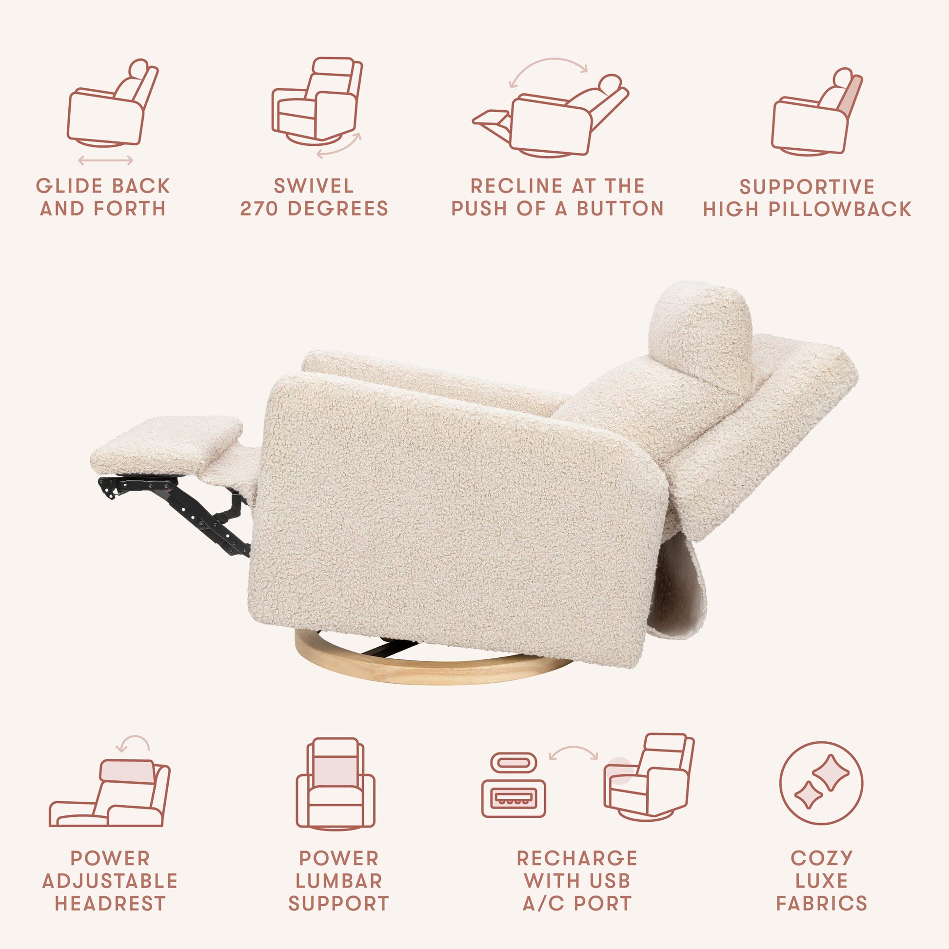 Babyletto Sigi Pro Power Recliner and Swivel Glider with Power Adjustable Headrest and Lumbar Support - Almond Teddy Loop with Light Wood Base