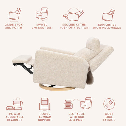 Babyletto Sigi Pro Power Recliner and Swivel Glider with Power Adjustable Headrest and Lumbar Support - Almond Teddy Loop with Light Wood Base