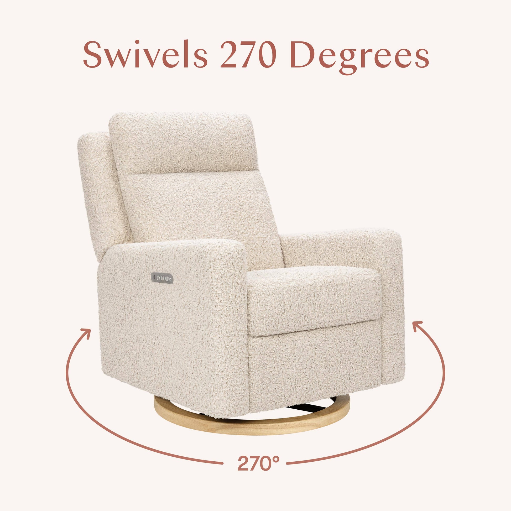 Babyletto Sigi Pro Power Recliner and Swivel Glider with Power Adjustable Headrest and Lumbar Support - Almond Teddy Loop with Light Wood Base
