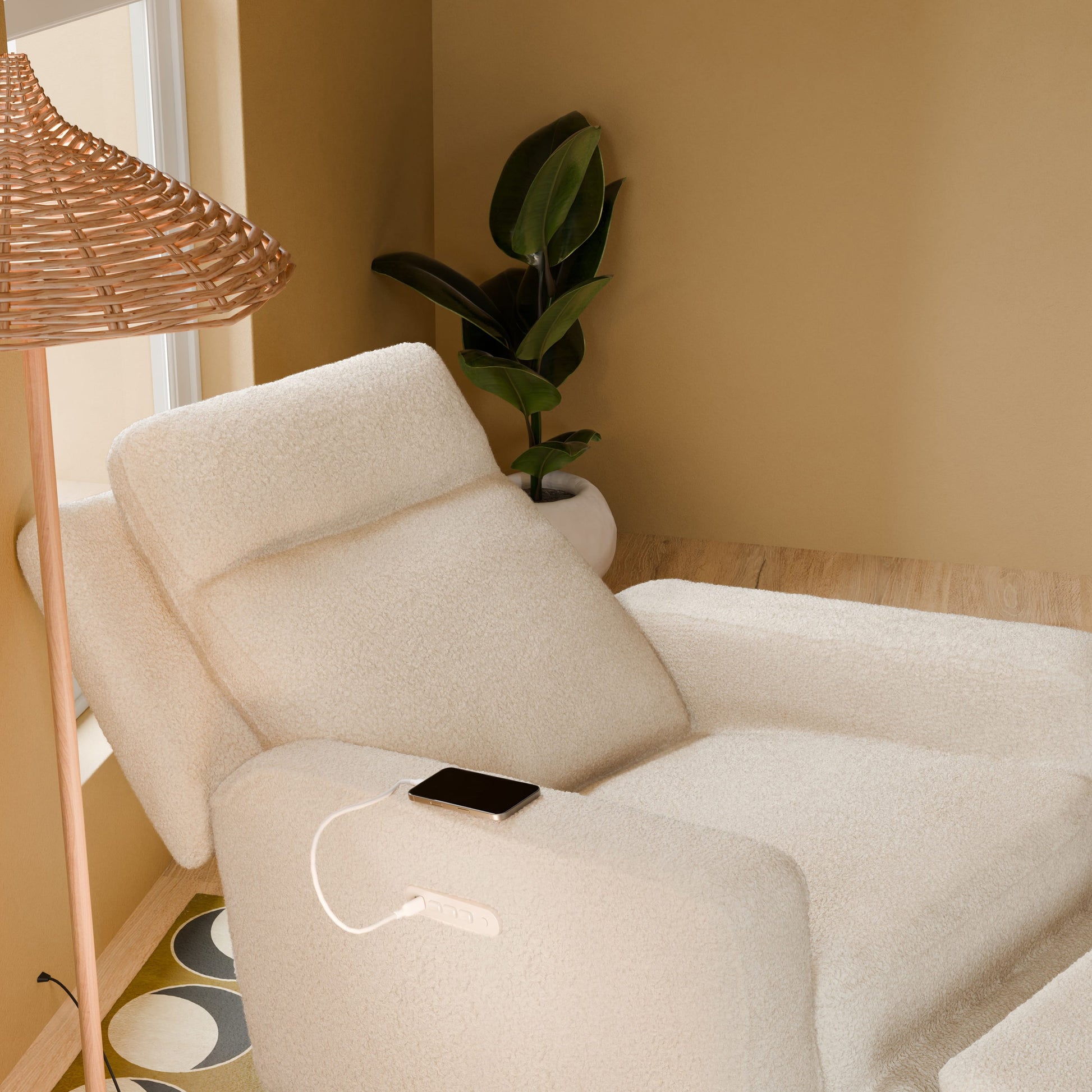 Babyletto Sigi Pro Power Recliner and Swivel Glider with Power Adjustable Headrest and Lumbar Support - Almond Teddy Loop with Light Wood Base