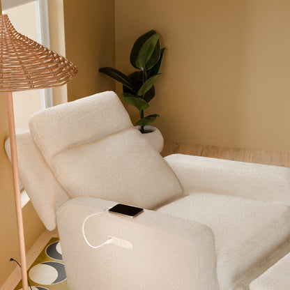 Babyletto Sigi Pro Power Recliner and Swivel Glider with Power Adjustable Headrest and Lumbar Support - Almond Teddy Loop with Light Wood Base